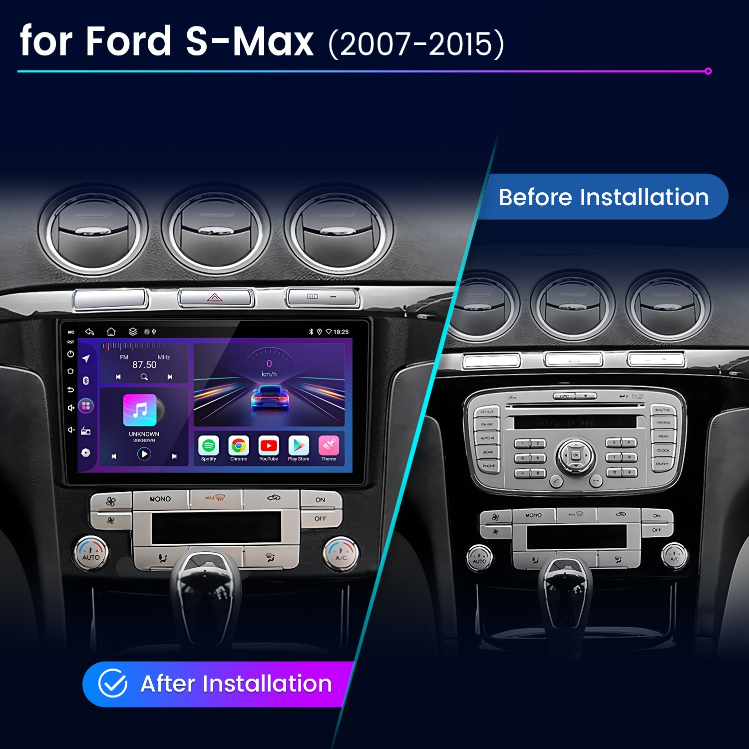 Vergleich der Ford S-Max Mittelkonsole vor und nach der Installation eines neuen Multimediasystems.