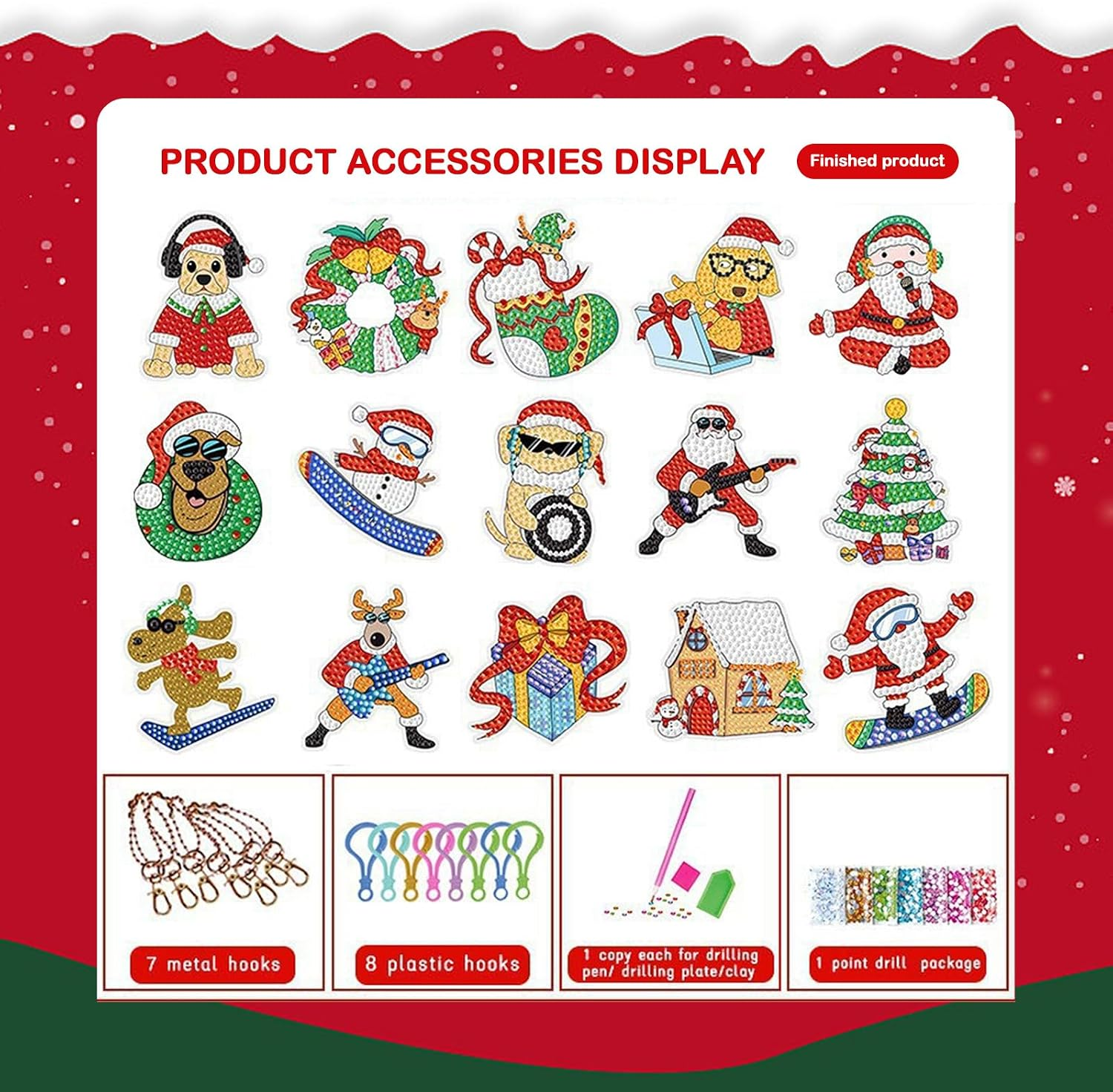 Produktzubehördisplay zeigt Weihnachts-Diamantmalaufkleber und Werkzeugsätze mit Haken und Bohrern.