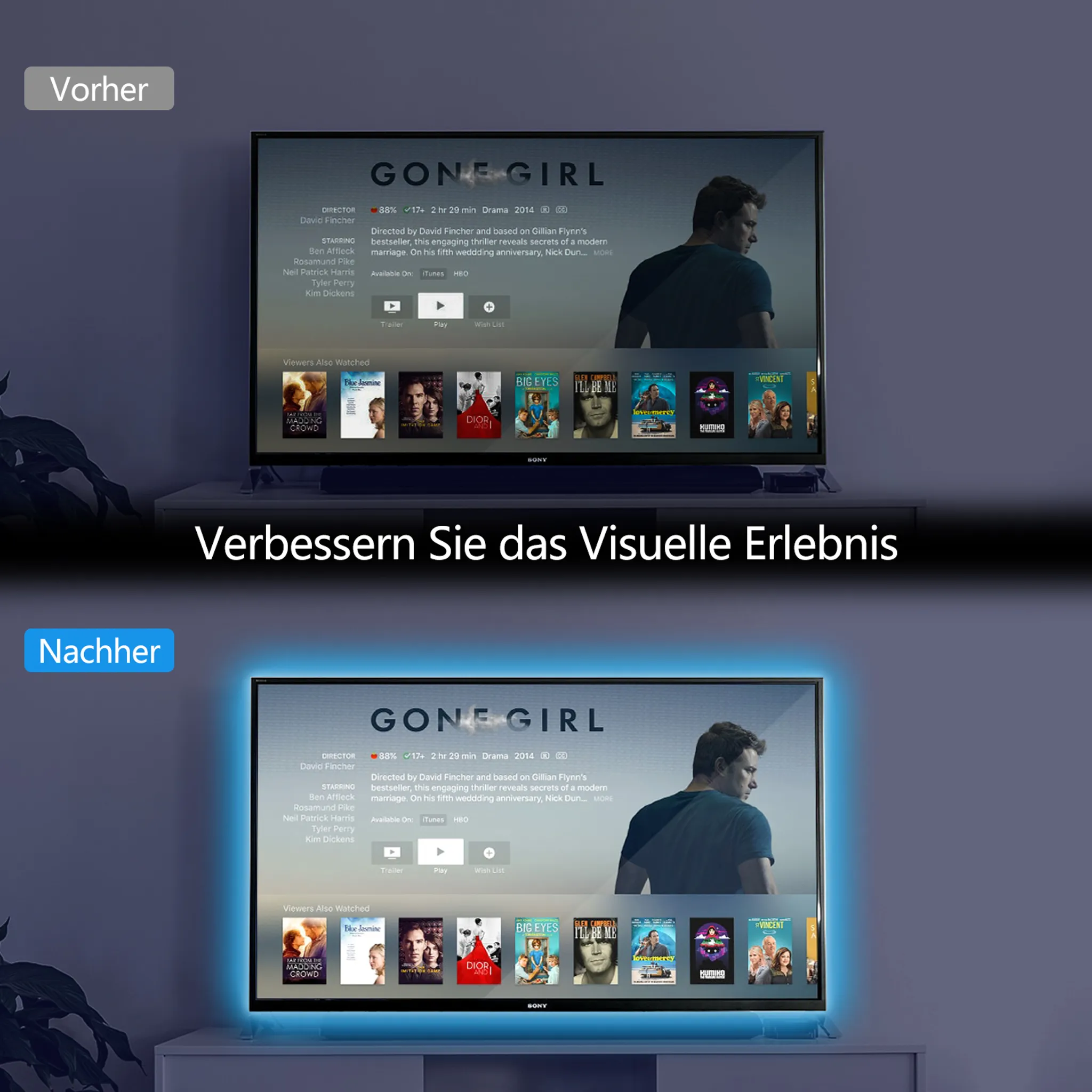 Fernseher vor und nach blauer Hintergrundbeleuchtung.