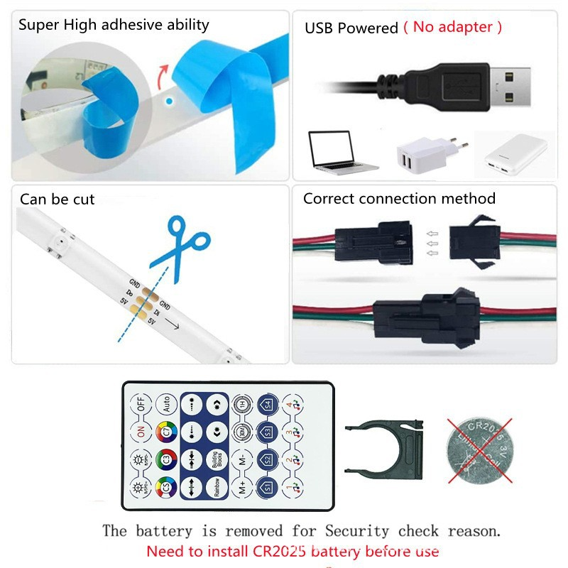 LED-Streifen-Handbuch mit Bildern zu Kleber, USB-Strom, Schneiden, Anschließen und Fernbedienung.