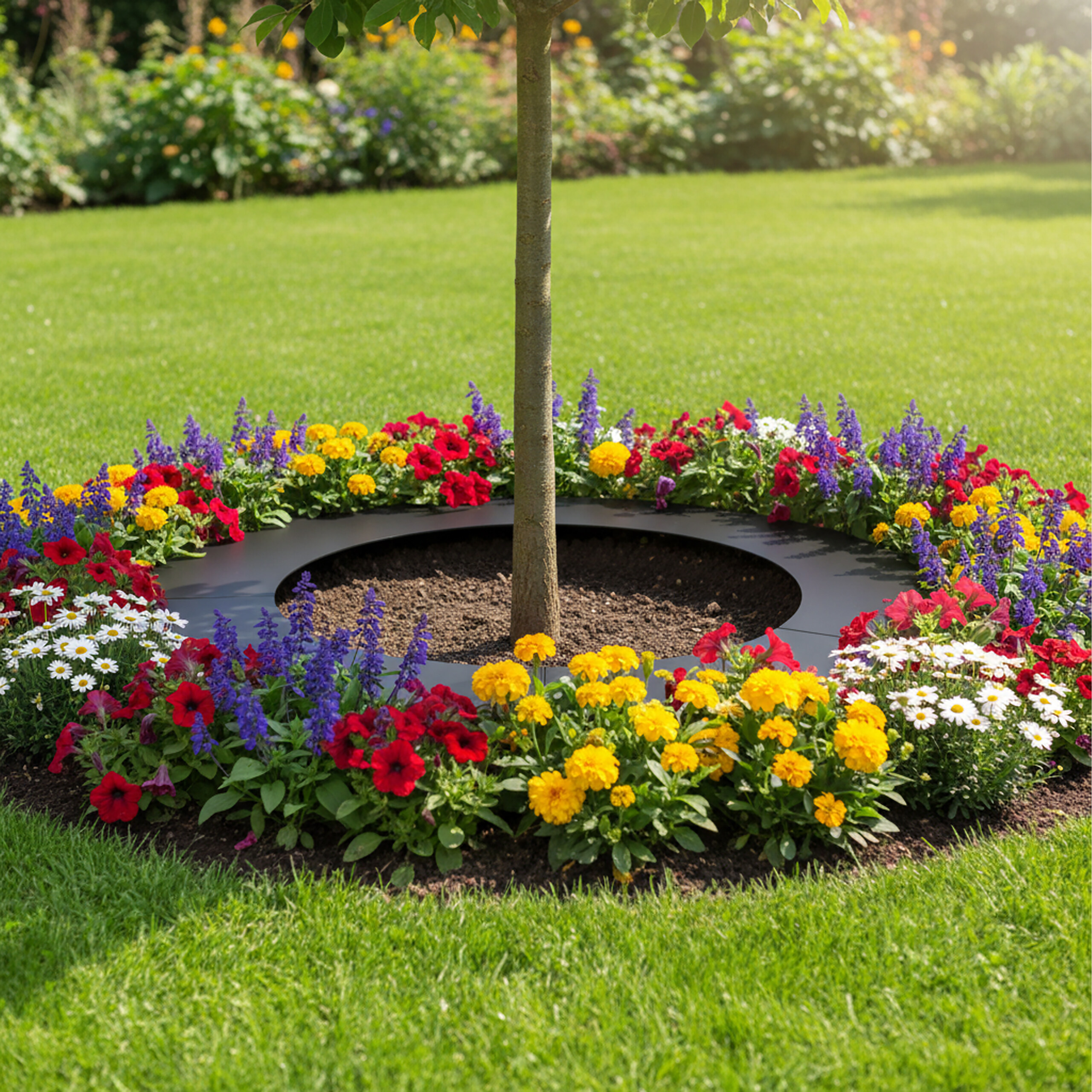 Ein Baumstamm mit einem runden Blumenbeet aus bunten Blumen in einem grünen Garten.