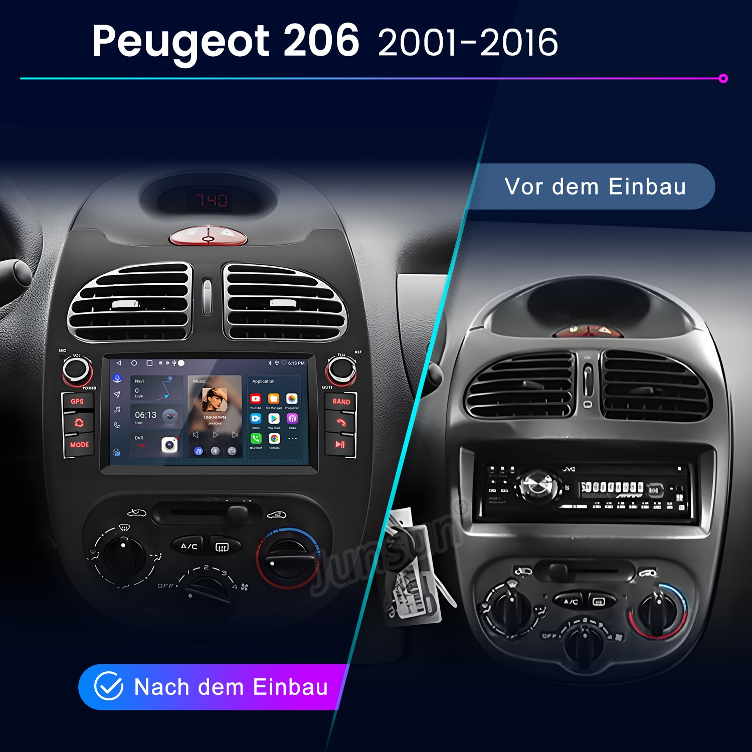 Vergleich der Peugeot 206 Mittelkonsole vor und nach dem Einbau eines modernen Touchscreen-Radios.