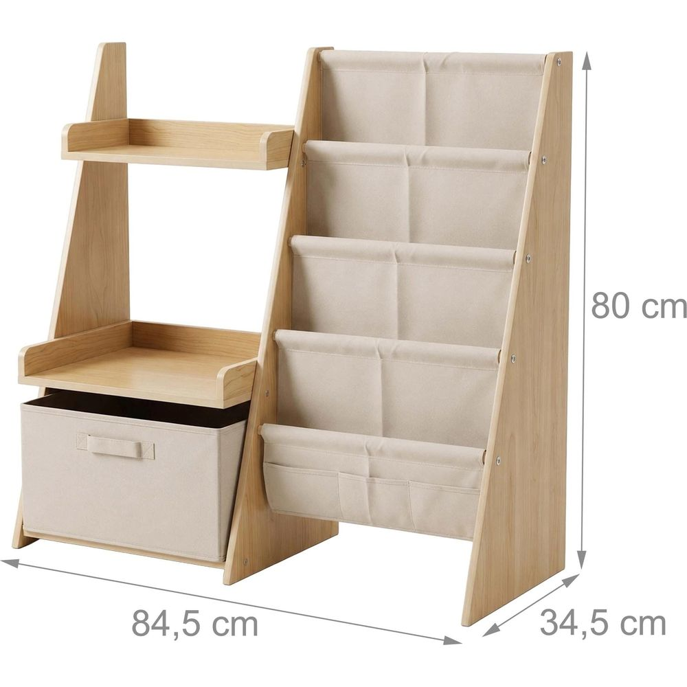 Holz-Kinderregal mit Stoff-Taschen, Ablage und Box, Maße 84,5x34,5x80 cm.