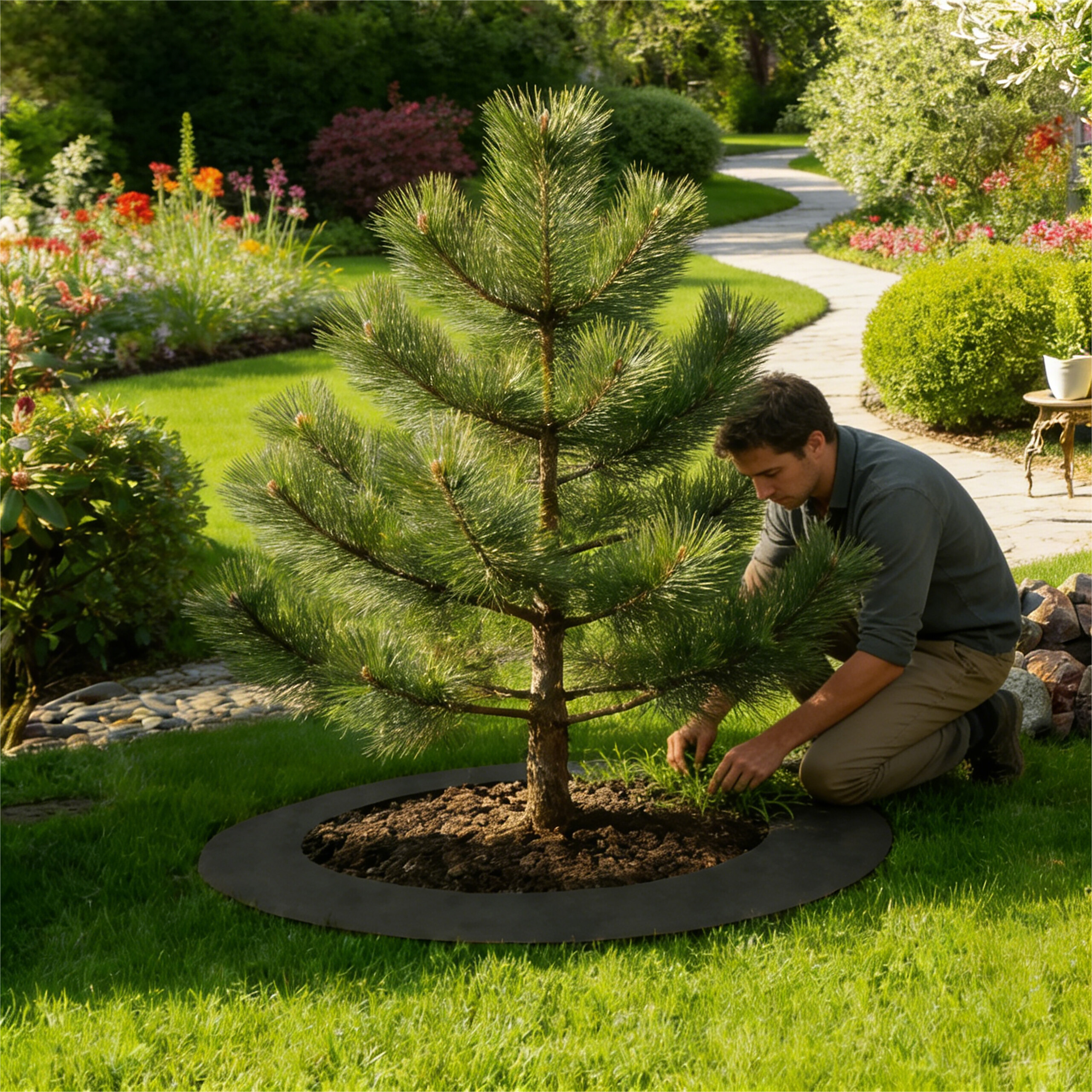 Ein Mann kniet im Garten und pflegt die Erde um einen jungen Nadelbaum.