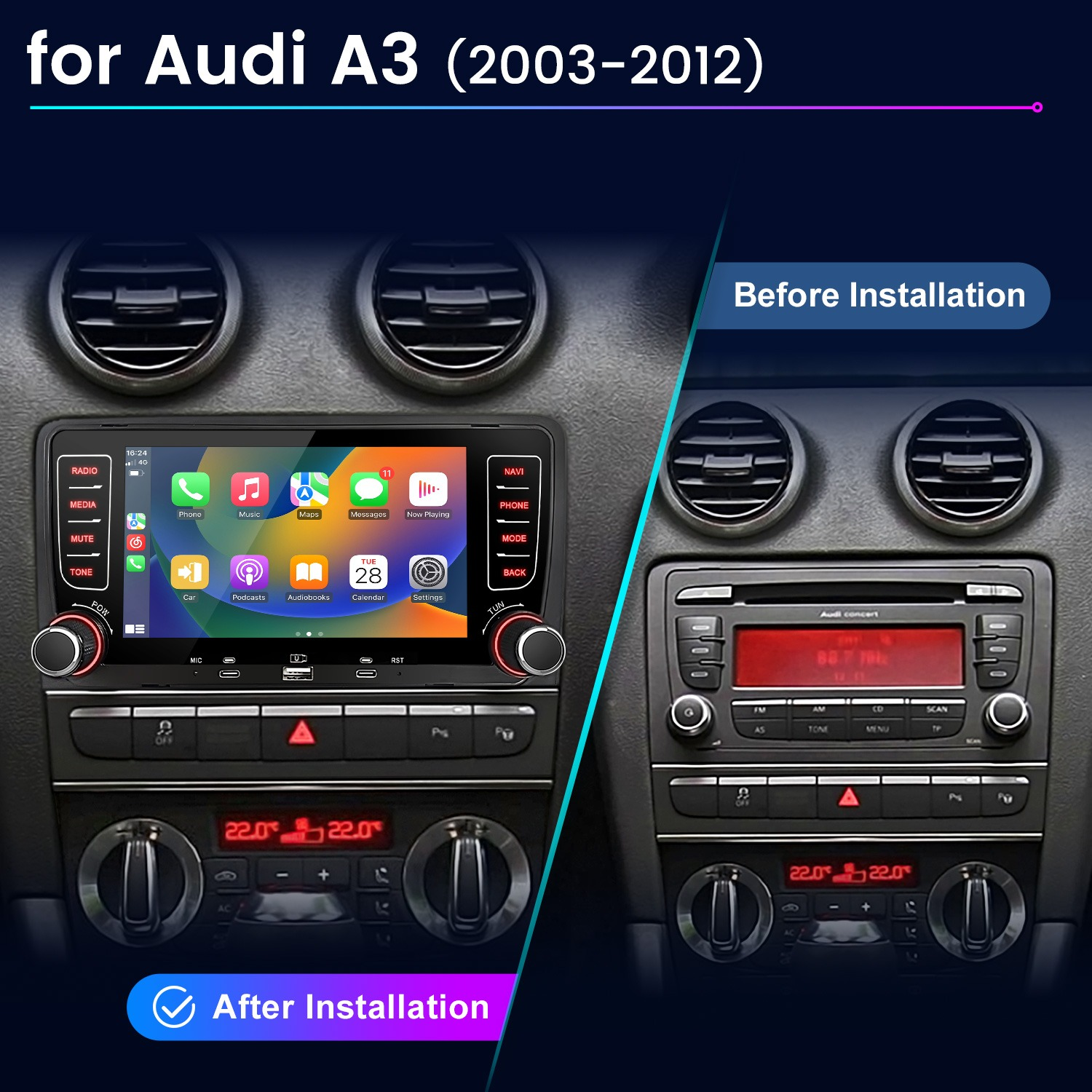 Vergleich des Audi A3 Armaturenbretts vor und nach dem Einbau eines Multimedia-Touchscreens.