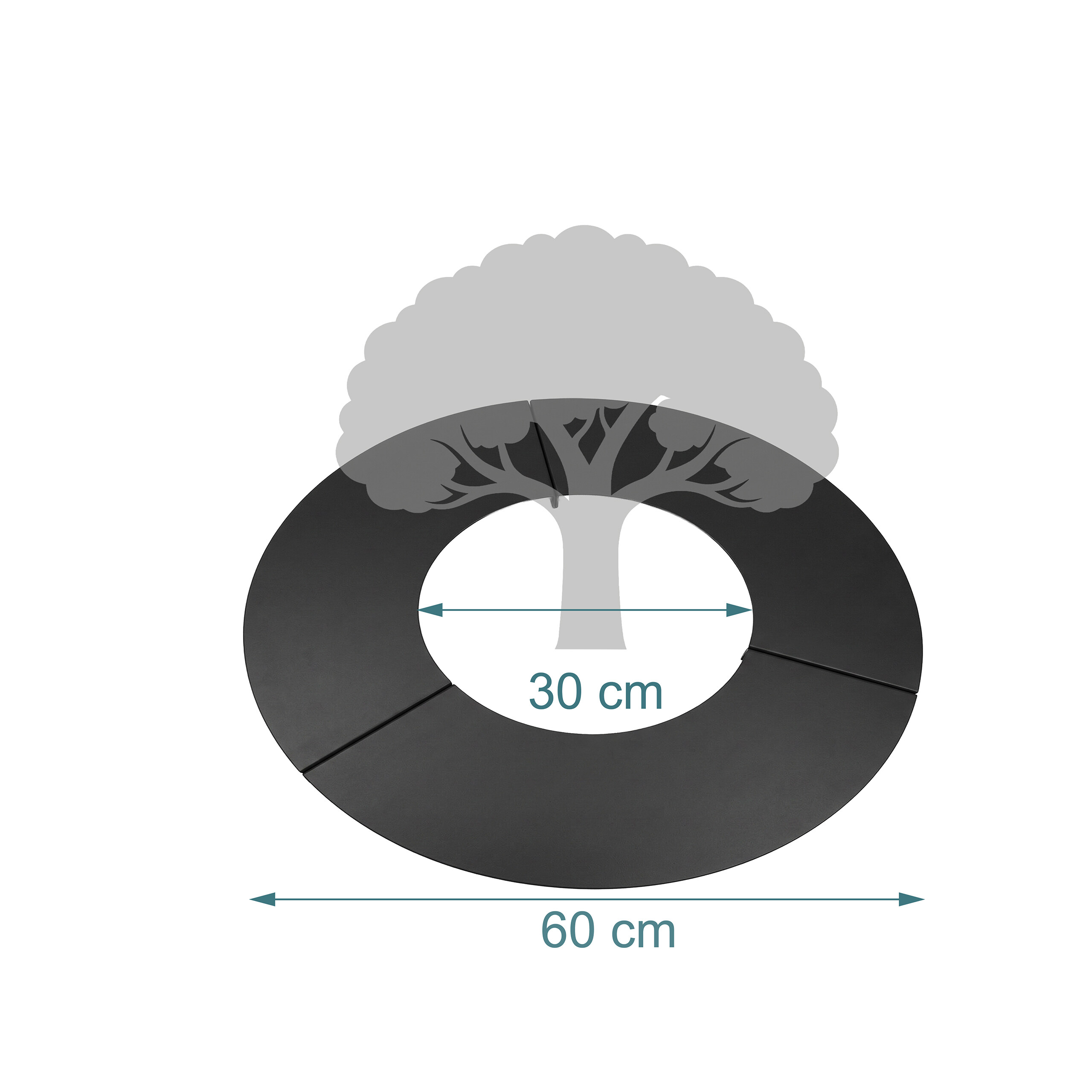 Schwarzer Baumring mit 30 cm innerem und 60 cm äußerem Durchmesser um einen Baum.
