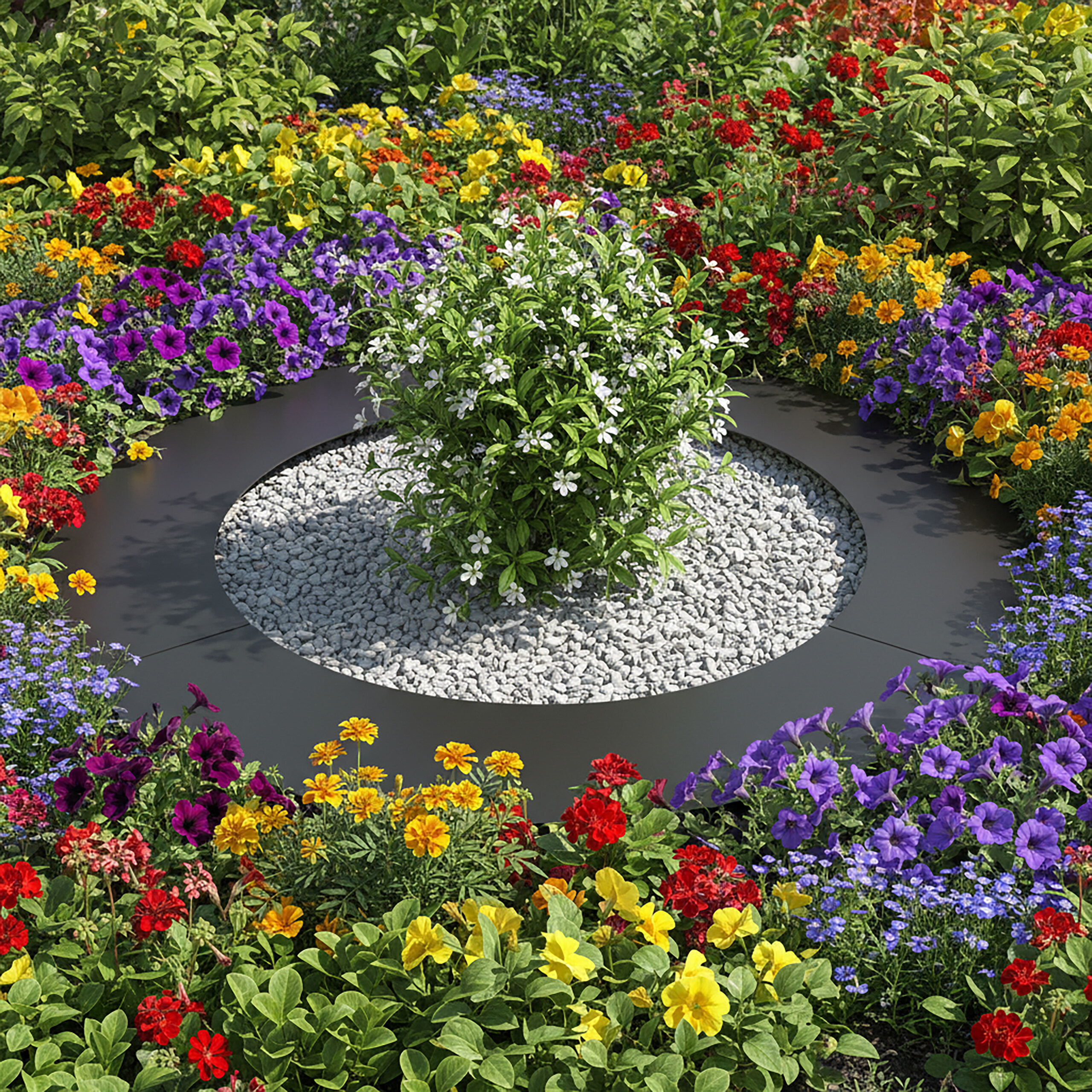 Ein weißer Busch auf grauen Kieselsteinen, umgeben von einem dunklen Metallring und bunten Blumenbeeten.