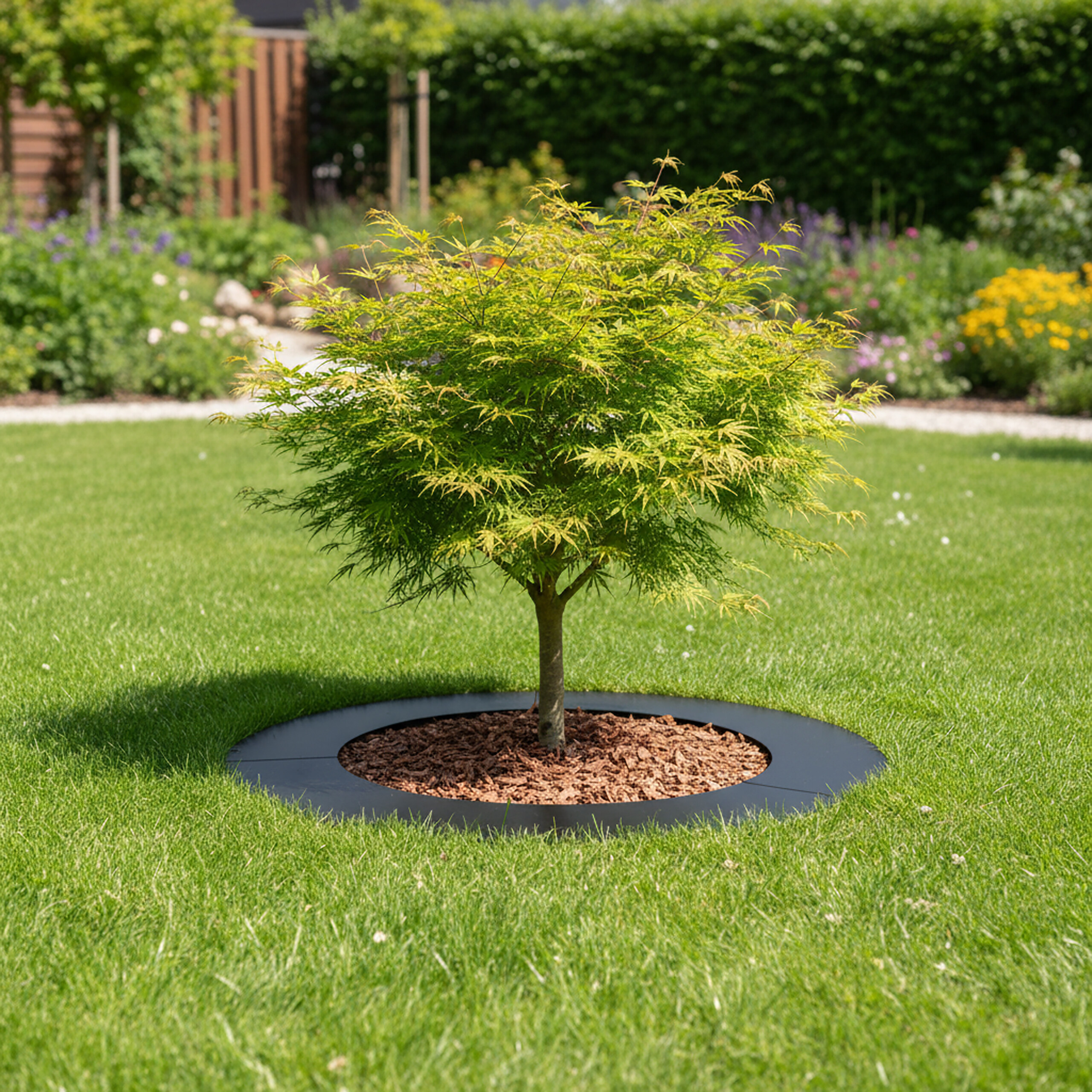 Ein kleiner grüner Baum steht in einer Mulch-Beeteinfassung auf grünem Rasen, im Hintergrund ein Garten.