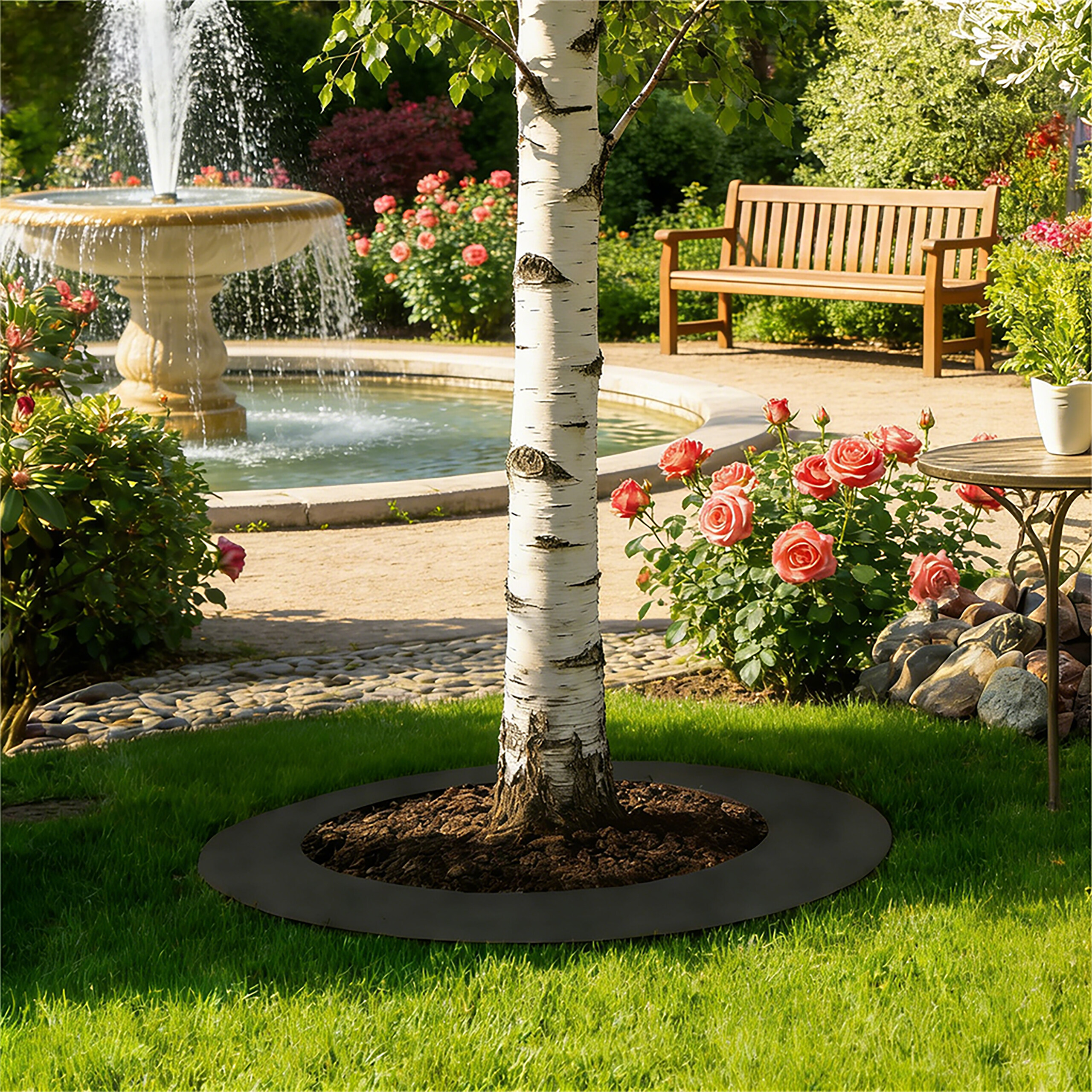 Ein sonniger Park mit einer Birke im Vordergrund, einem Steinbrunnen, einer Holzsbank und blühenden rosa Rosen.