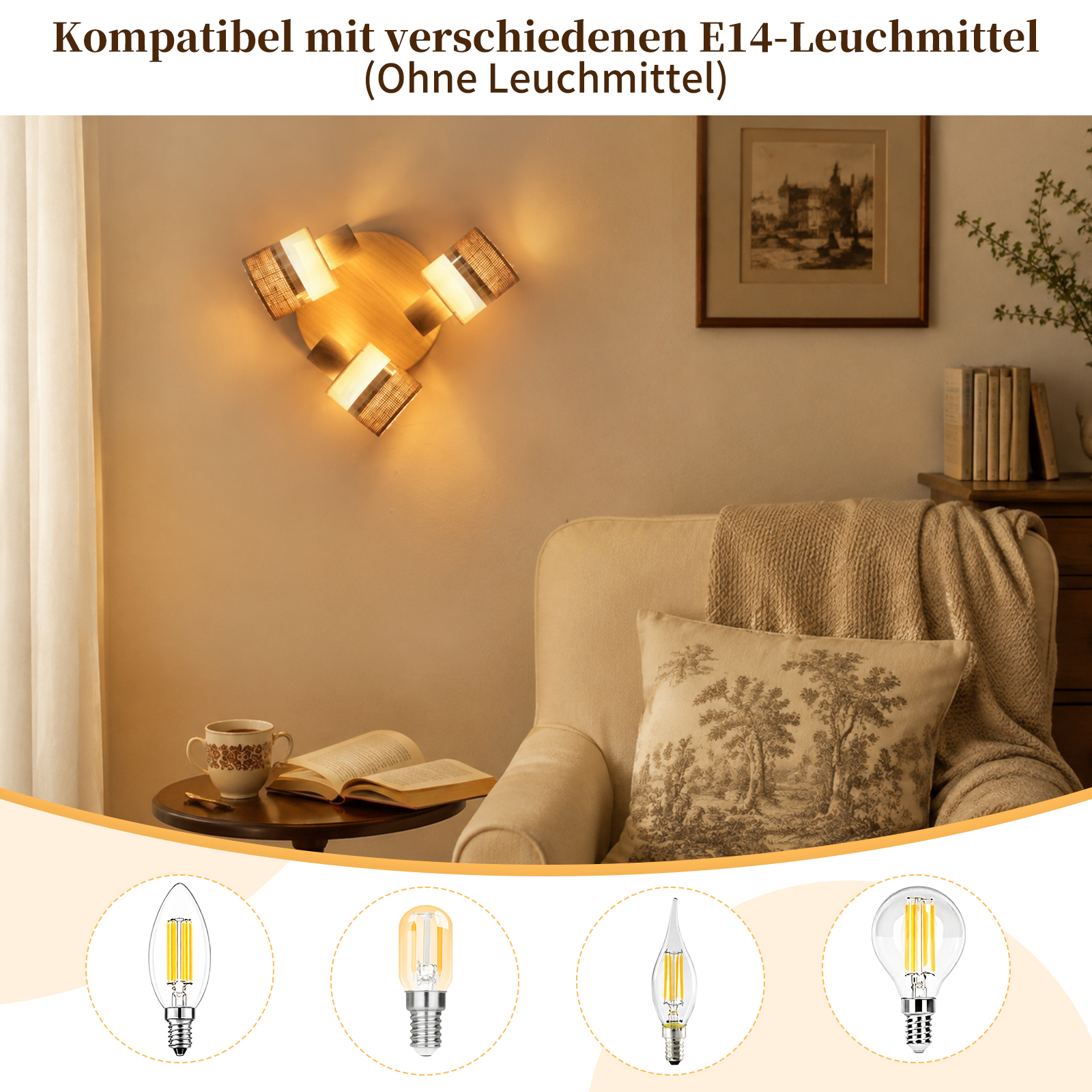 Eine Wandlampe leuchtet über einem Sessel im Wohnzimmer, unten sind vier verschiedene E14-Leuchtmittel abgebildet.