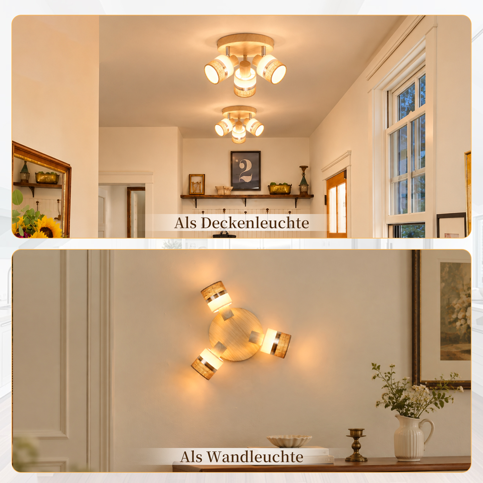 Holzlampen mit Rattanschirmen als Decken- oder Wandleuchte montiert.
