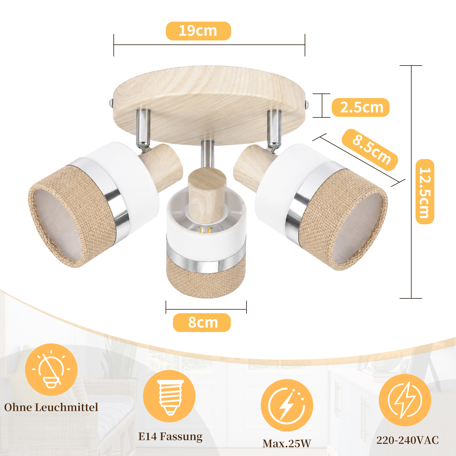 Holz-Deckenstrahler mit drei verstellbaren Schirmen aus Jute, Weiß und Silber, mit Maßangaben dargestellt.
