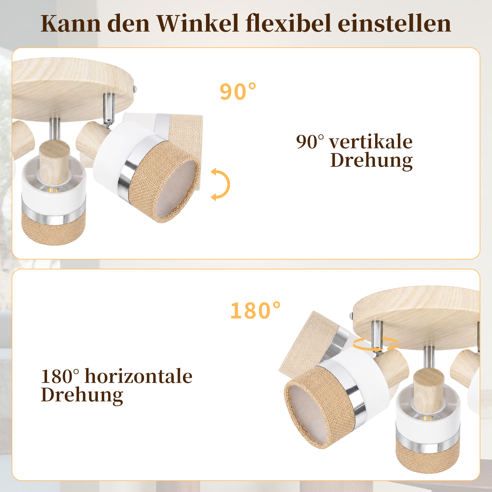 Diagramm zeigt Deckenleuchte mit 90 Grad vertikaler und 180 Grad horizontaler Verstellbarkeit.
