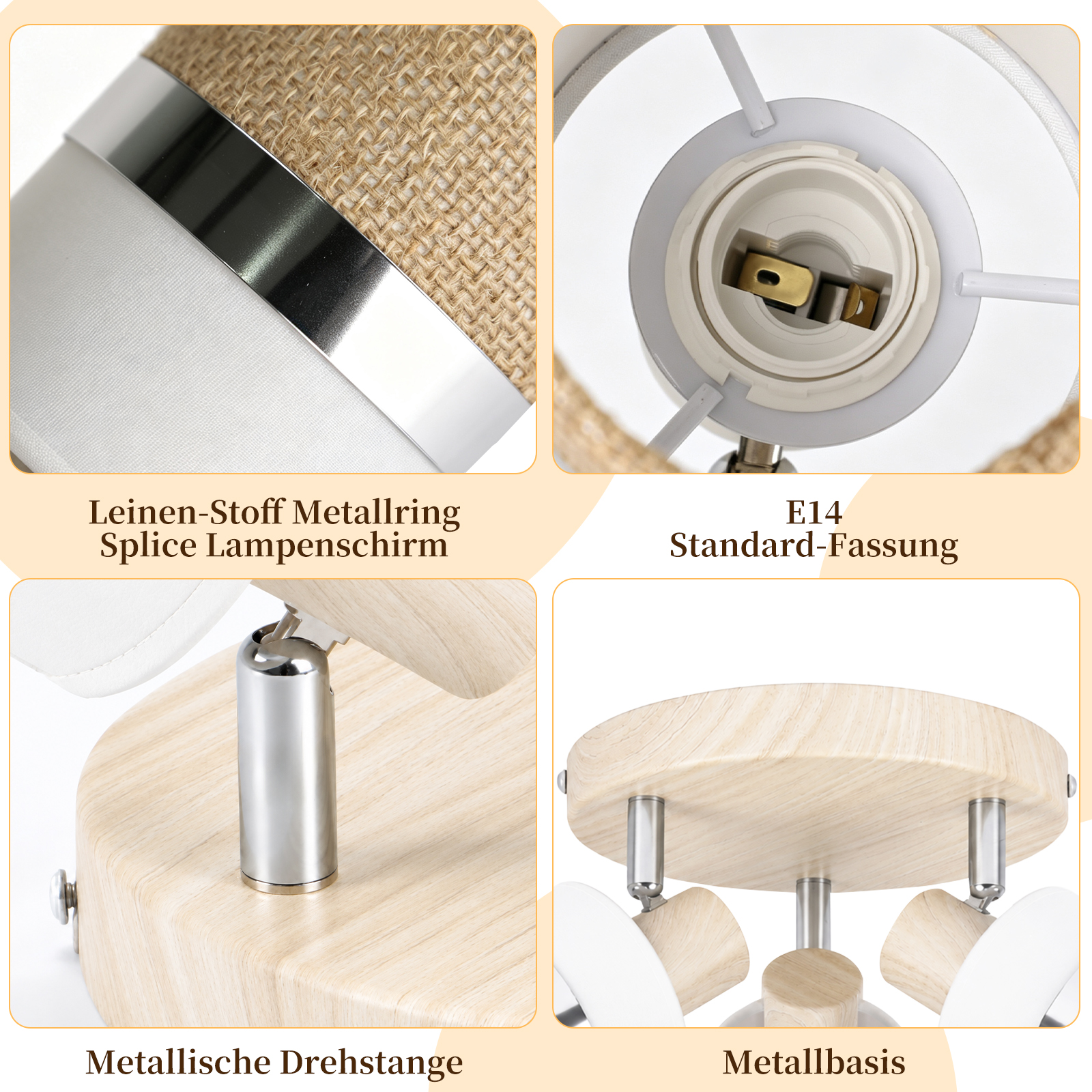 Vier Detailaufnahmen einer Lampe mit Holzbasis, Stoffschirm, E14-Fassung und Metallstange.