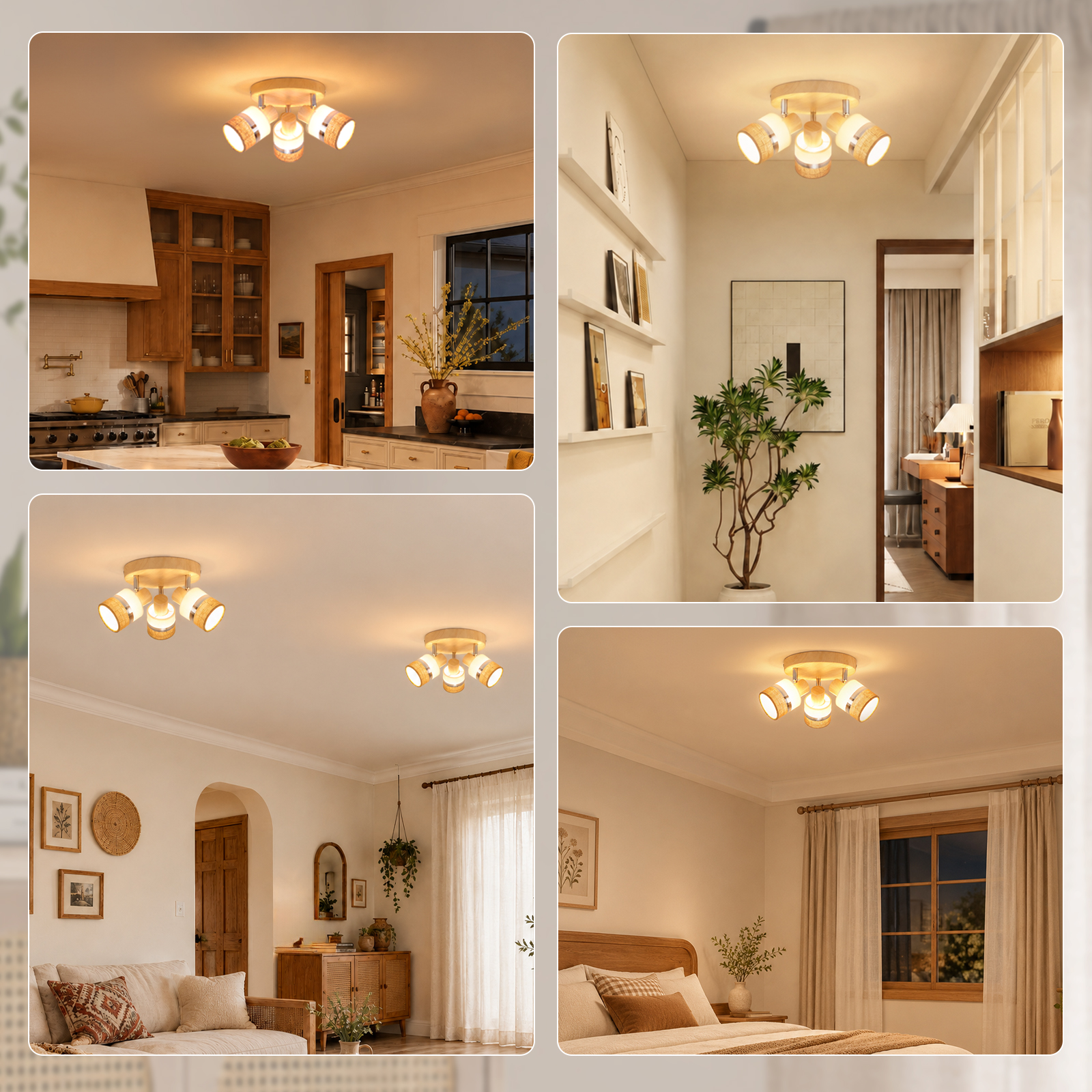Collage aus vier Innenräumen mit modernen Holzdeckenleuchten und warmer Beleuchtung.