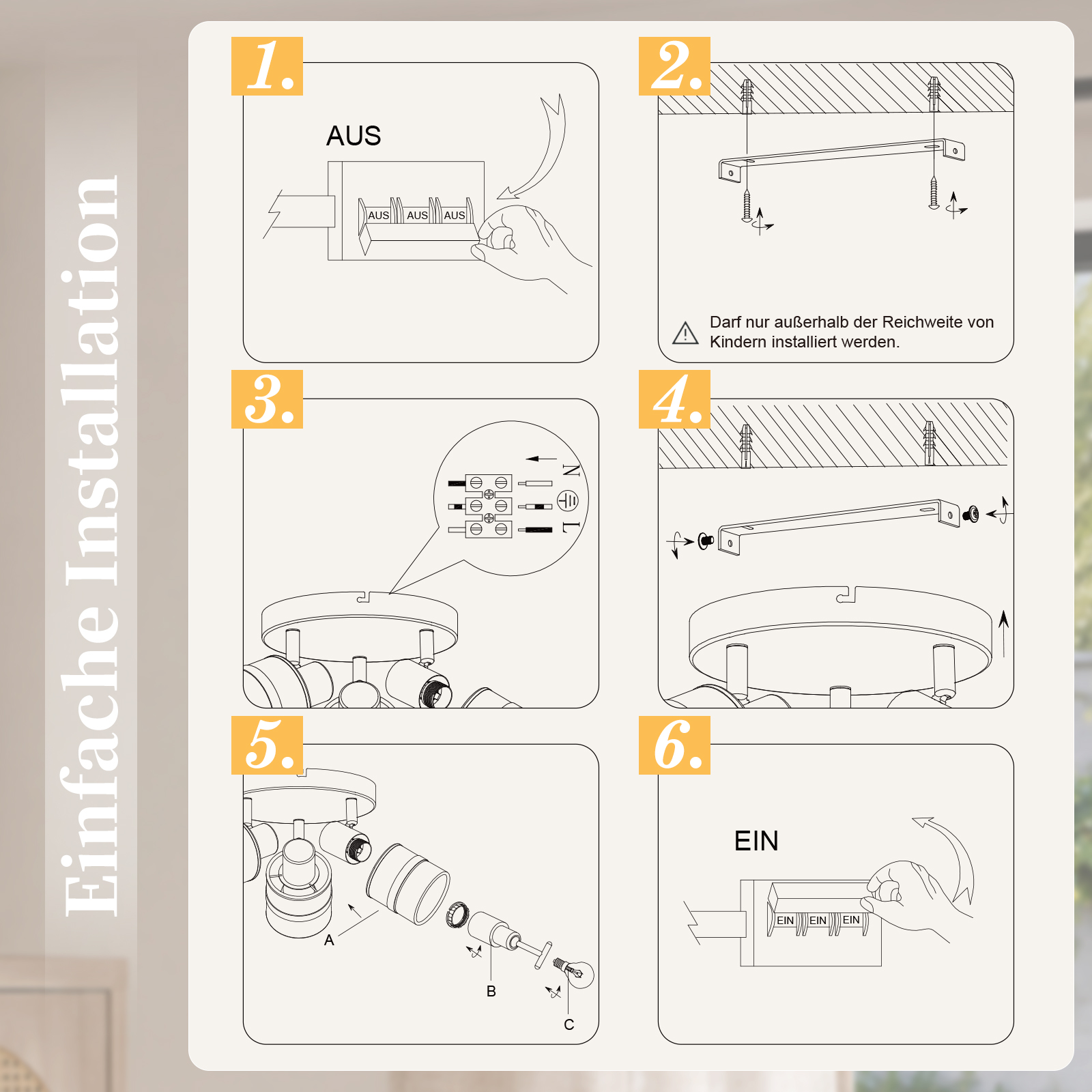 Sechs Schritte zur Installation einer Deckenleuchte mit Schaltplan und Montageanleitung.