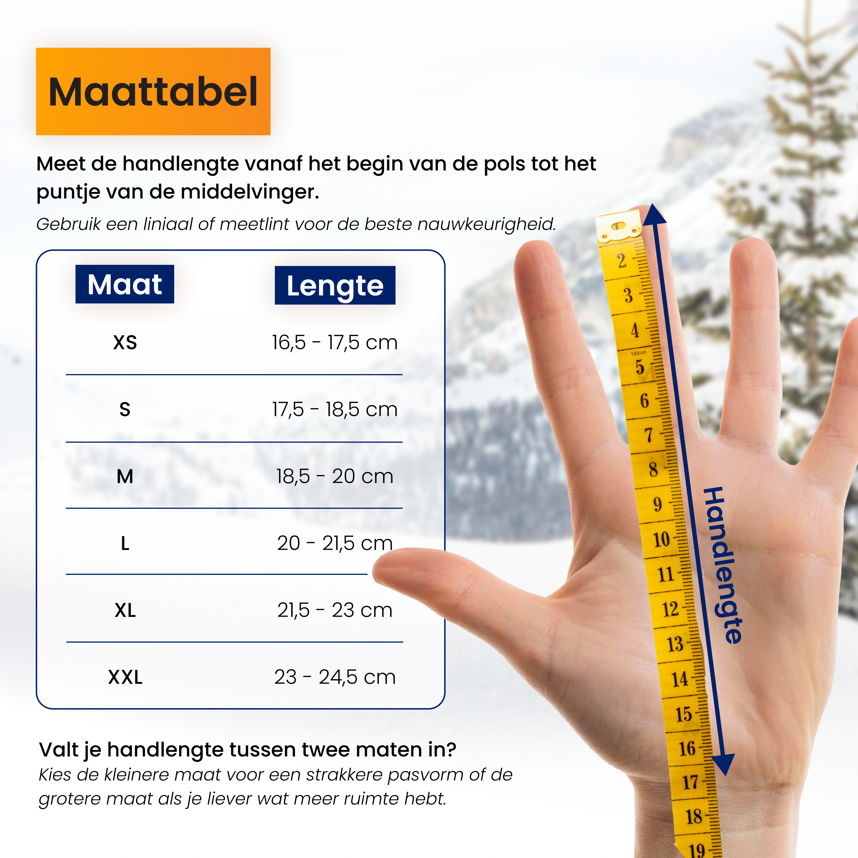 Guide des tailles de gants avec instructions de mesure et tableau de XS à XXL.