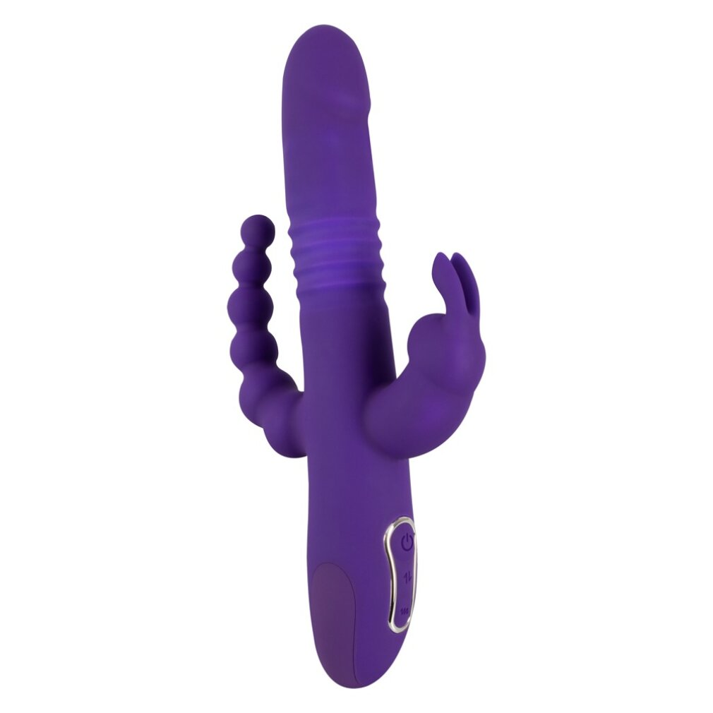 Lila Silikonvibrator mit Beaded-Arm und Kitzler-Aufsatz auf weißem Hintergrund.