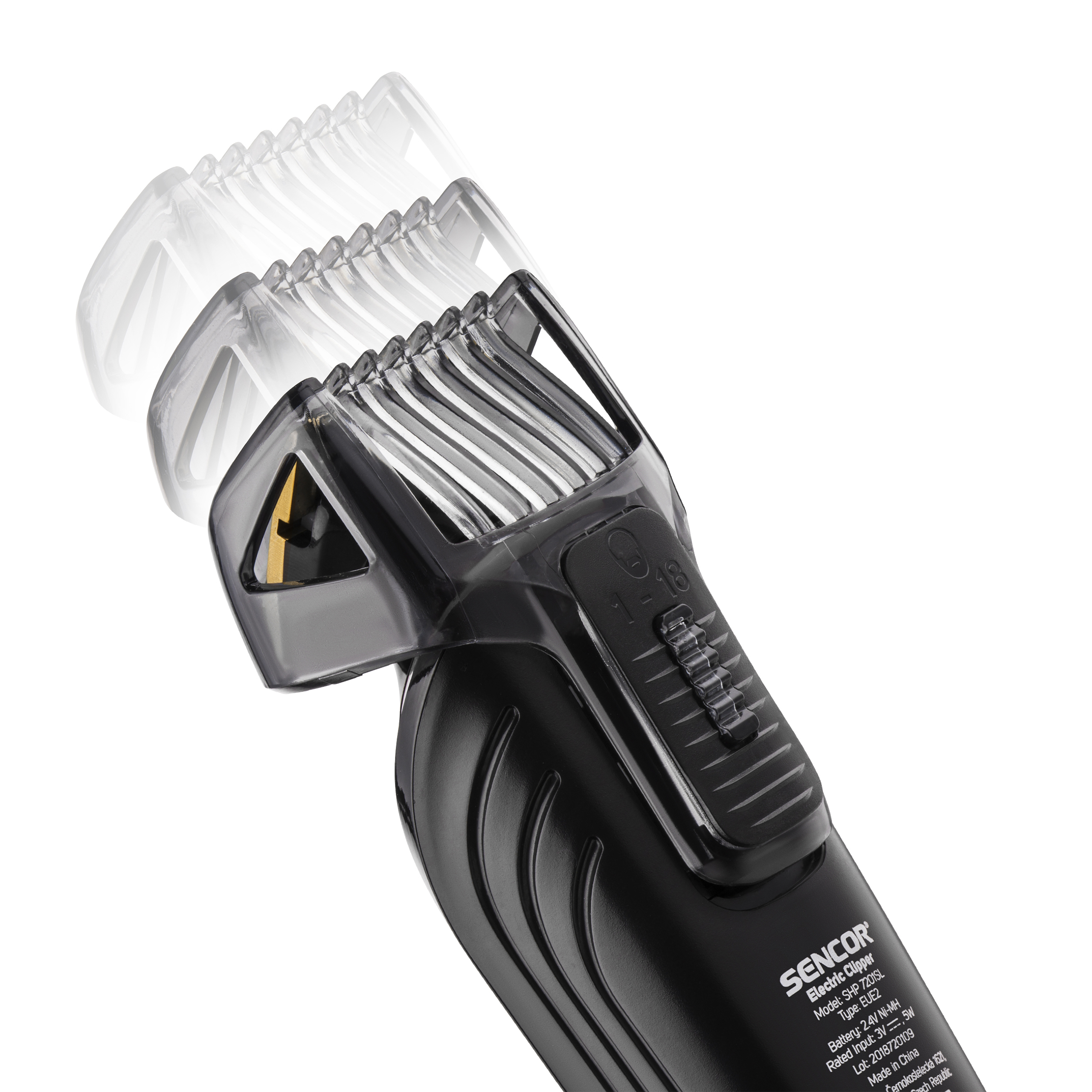 Schwarze Sencor Haarschneidemaschine mit einstellbarem Kamm und transparenten Einstellungs-Ghost-Bildern.