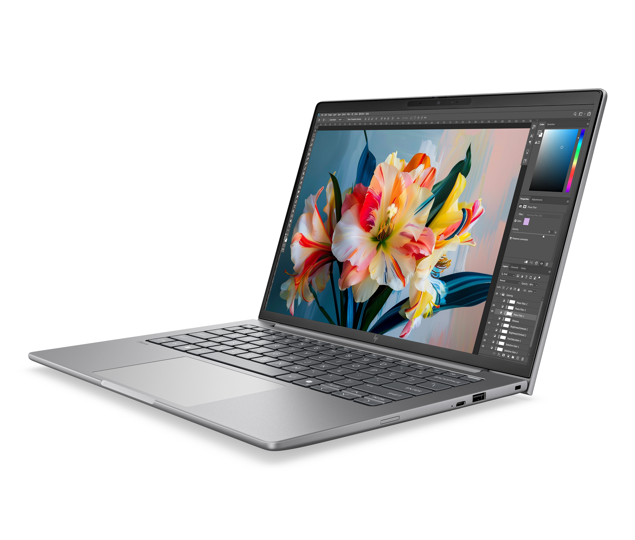 A silver laptop displays a colorful flower photo in photo editing software on its screen.