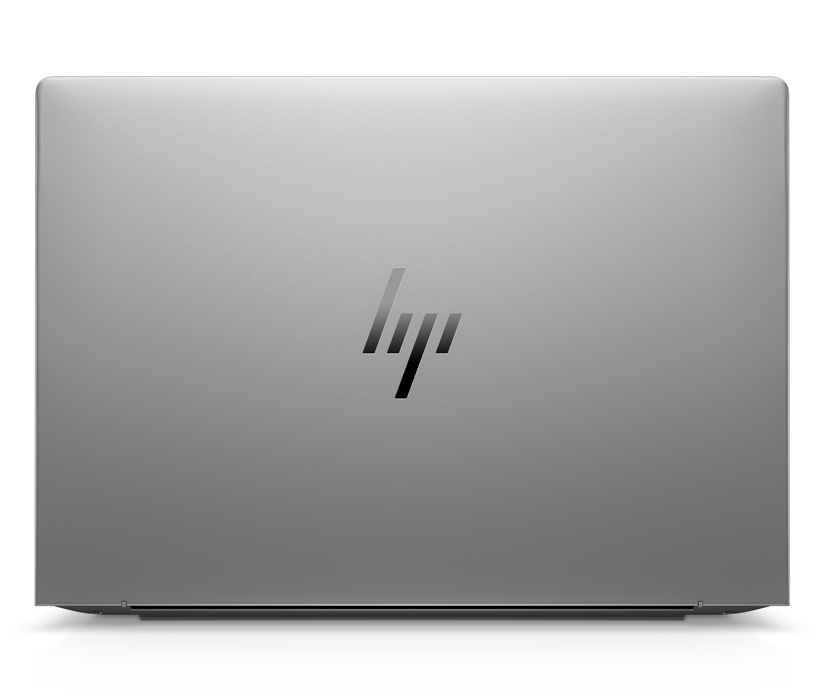 Closed grey HP laptop on a white background, featuring a centered silver HP logo.