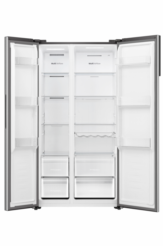 An open silver refrigerator with empty shelves, drawers, and door bins against a white background.