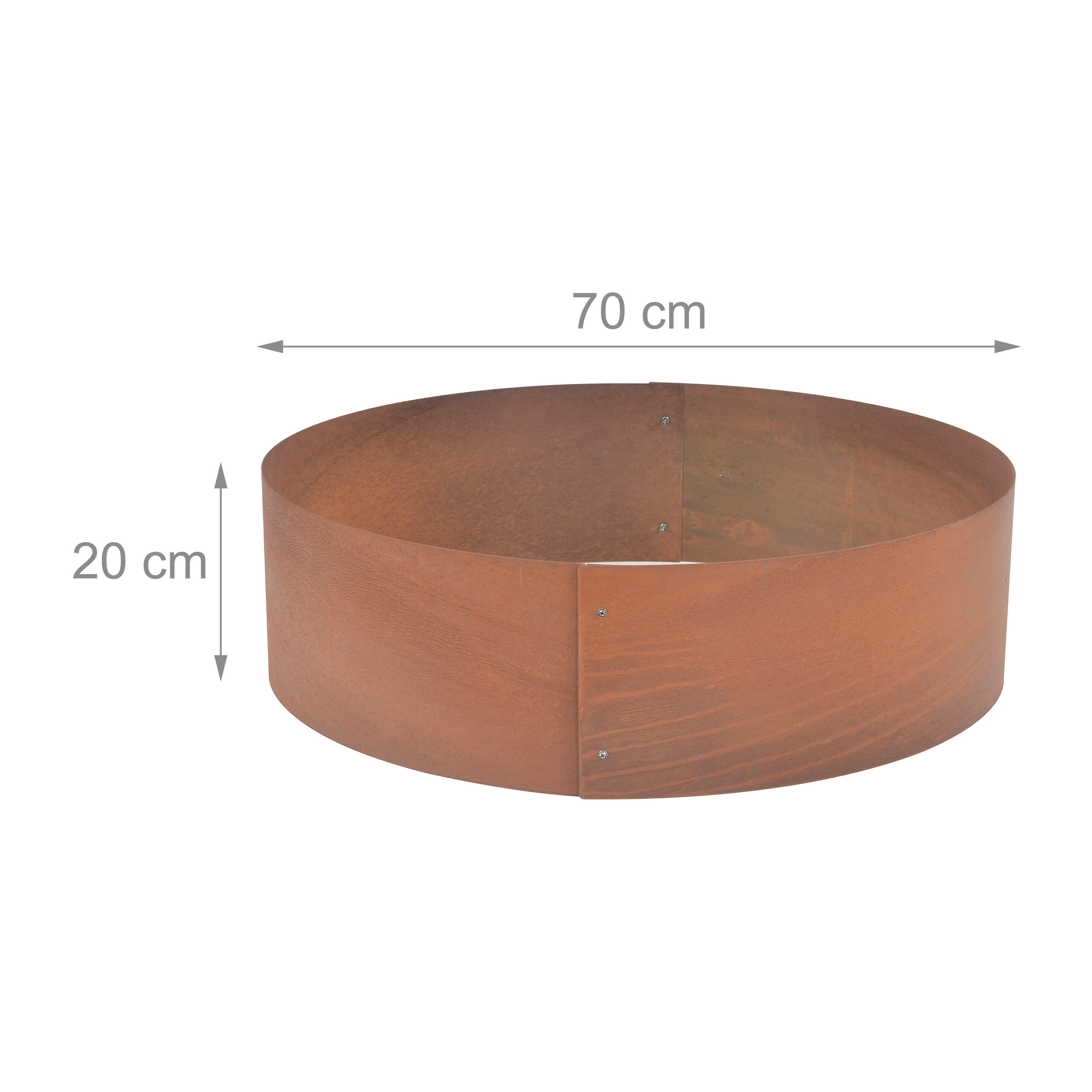 Runder Roststahl-Pflanzkübel, 70 cm Durchmesser und 20 cm Höhe, auf weißem Hintergrund.