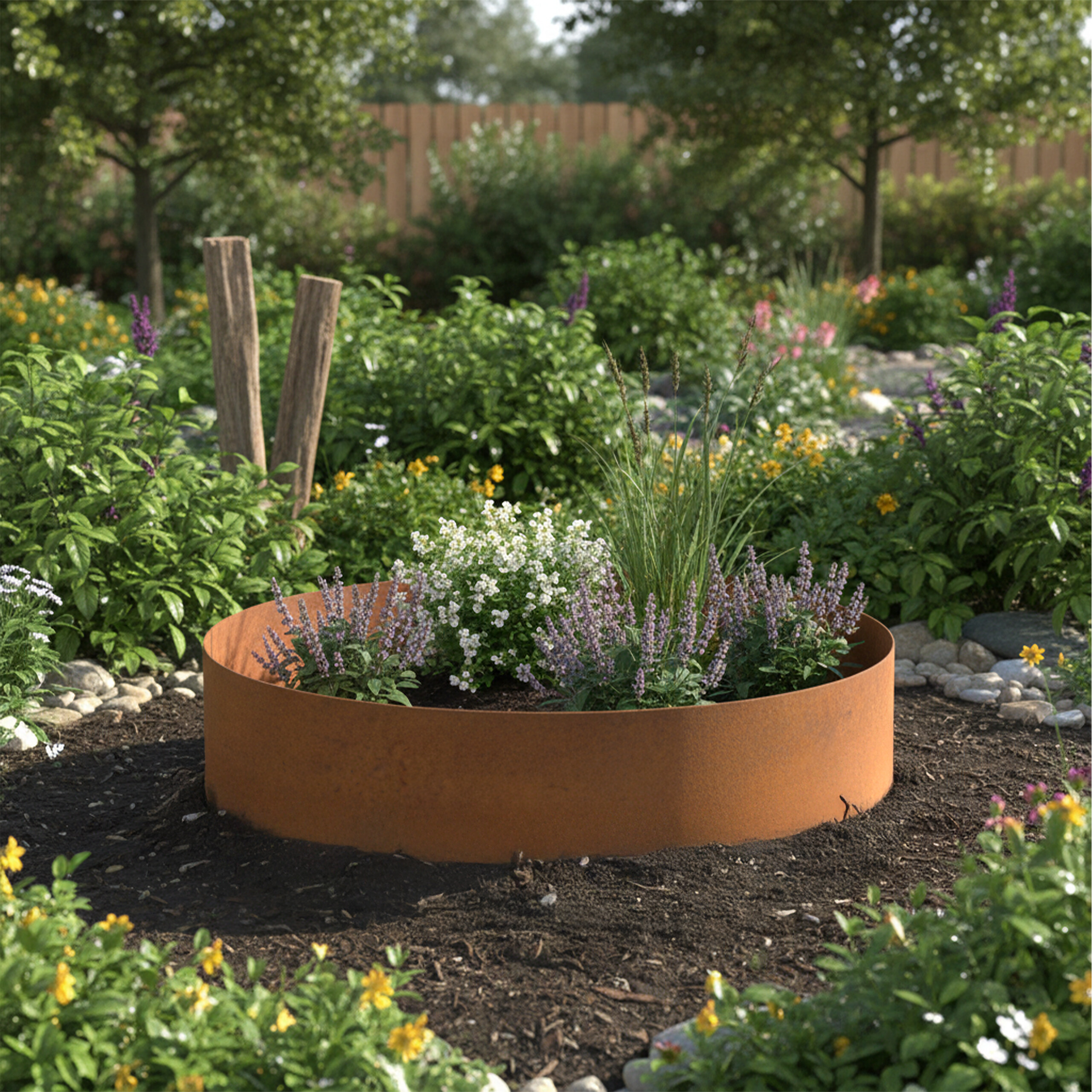 Rotes Roststahl-Hochbeet mit bunten Blumen und Gräsern im Garten.
