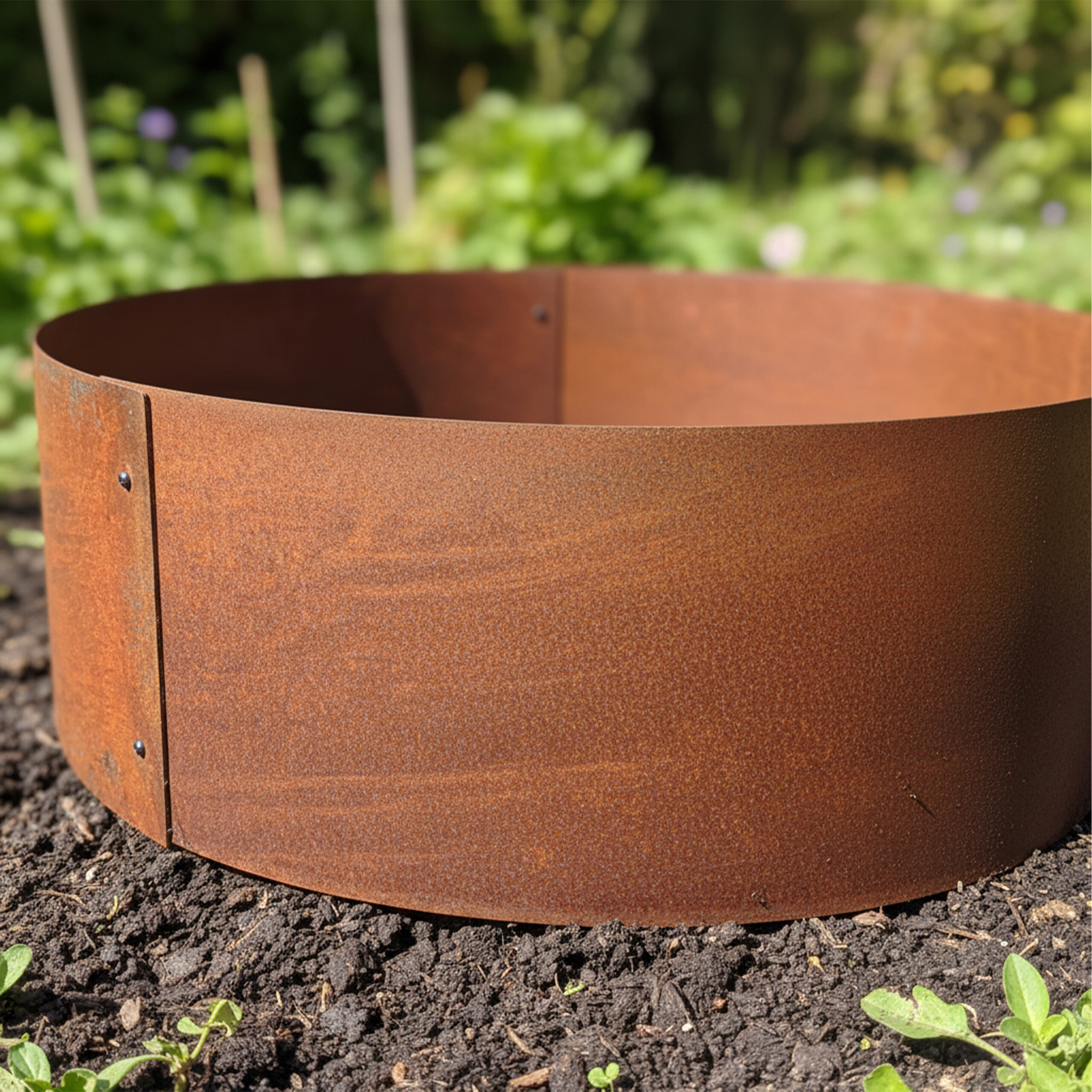 Runder, rostiger Metallring im Gartenbeet mit dunkler Erde.
