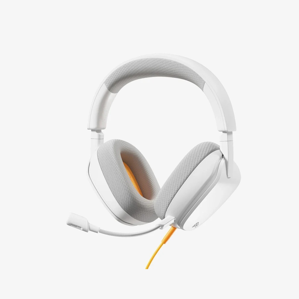 Weiße Gaming-Headset mit grauem Stoff und einem gelben Akzent sowie Mikrofon.