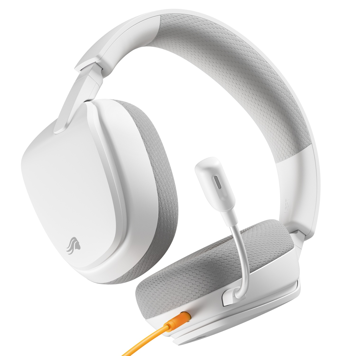 Modernes weiß-graues Gaming-Headset mit Bügelmikrofon und orangenem Kabel vor weißem Hintergrund.