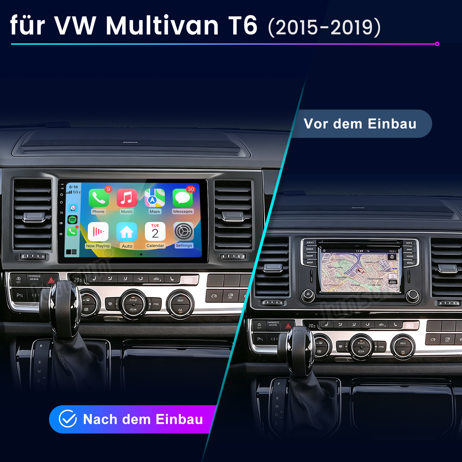 Vergleich des Armaturenbretts eines VW Multivan T6 vor und nach dem Einbau eines neuen Infotainmentsystems.