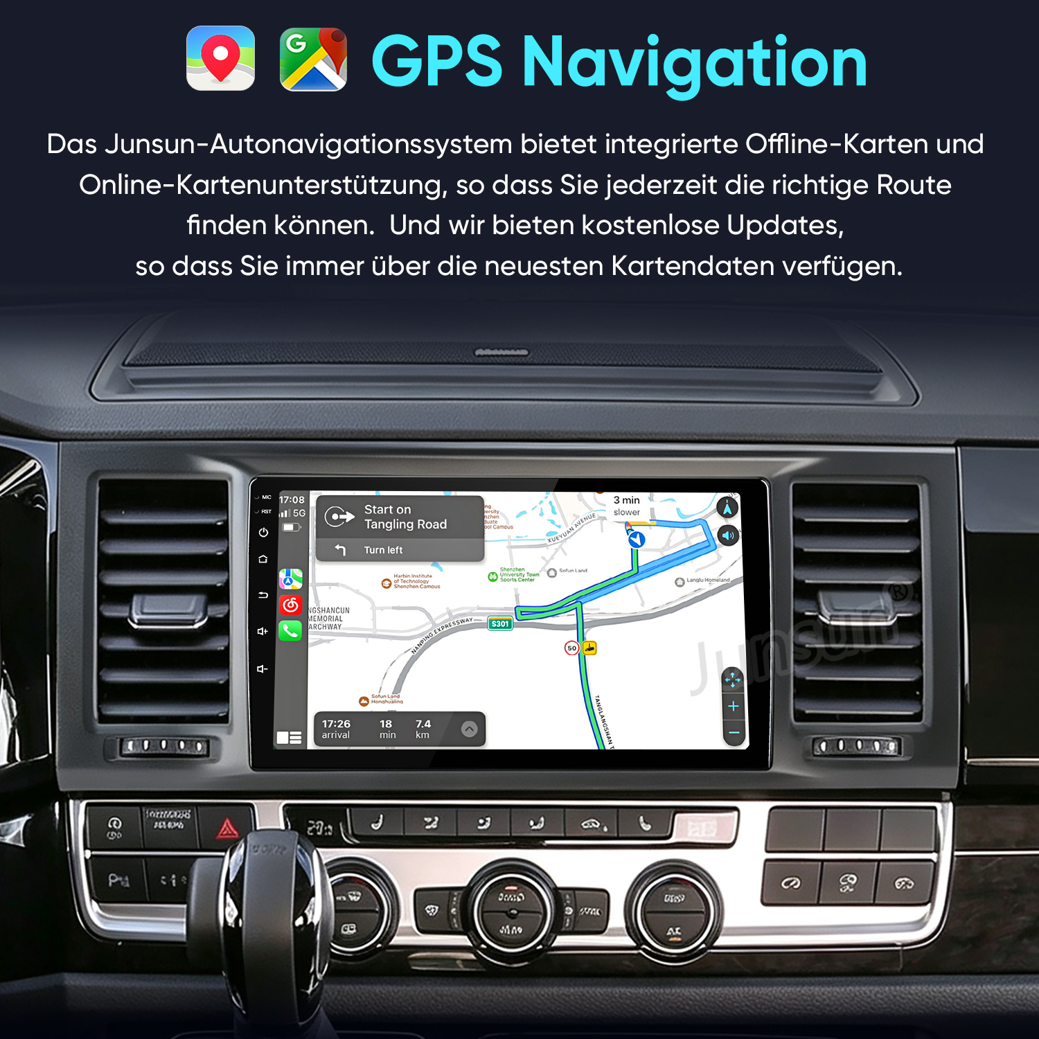 Ein GPS-Navigationssystem ist in das Armaturenbrett eines Autos eingebaut.