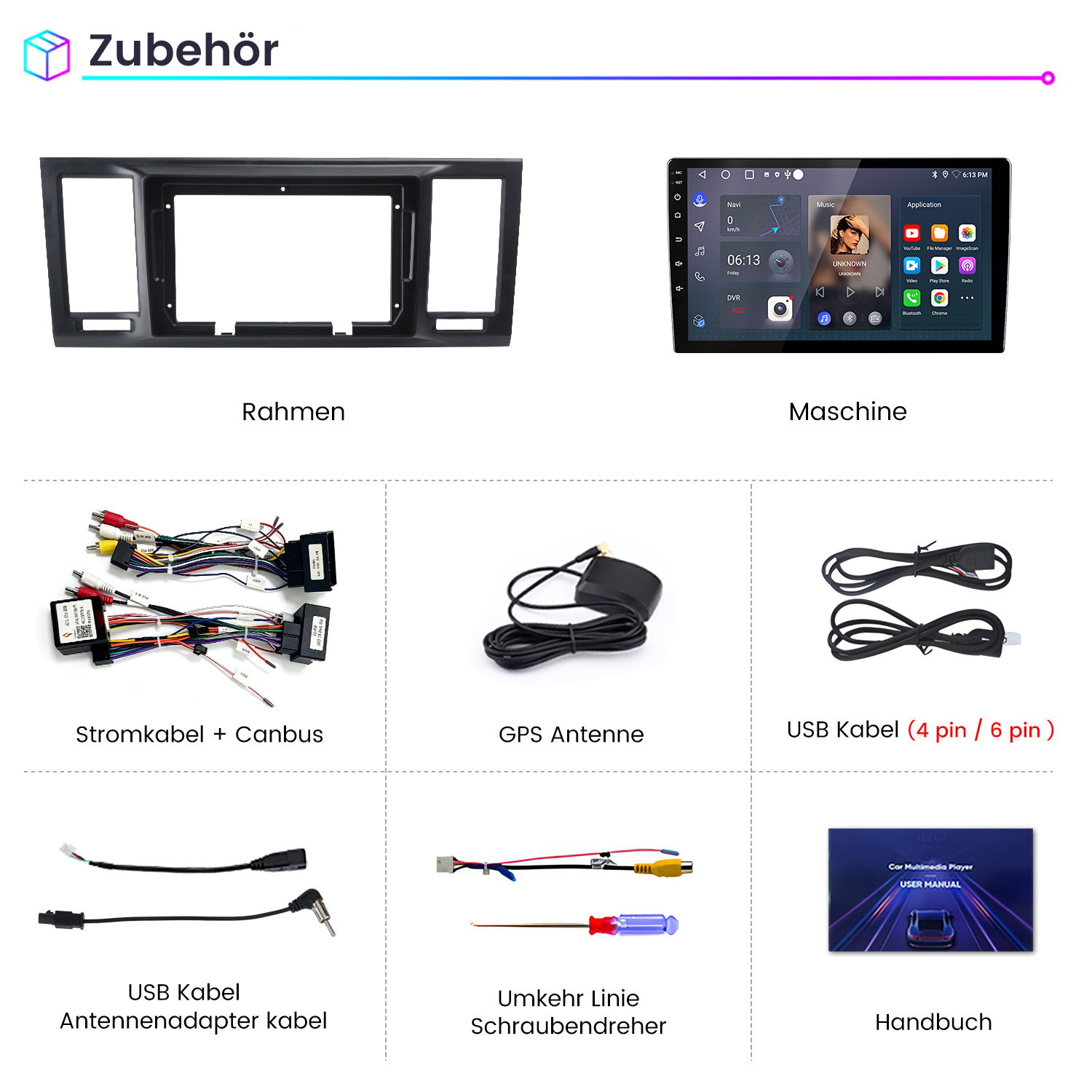 Eine Übersicht von Autoradio-Zubehör wie Blende, Touchscreen-Gerät, Kabel, Antenne und Handbuch.