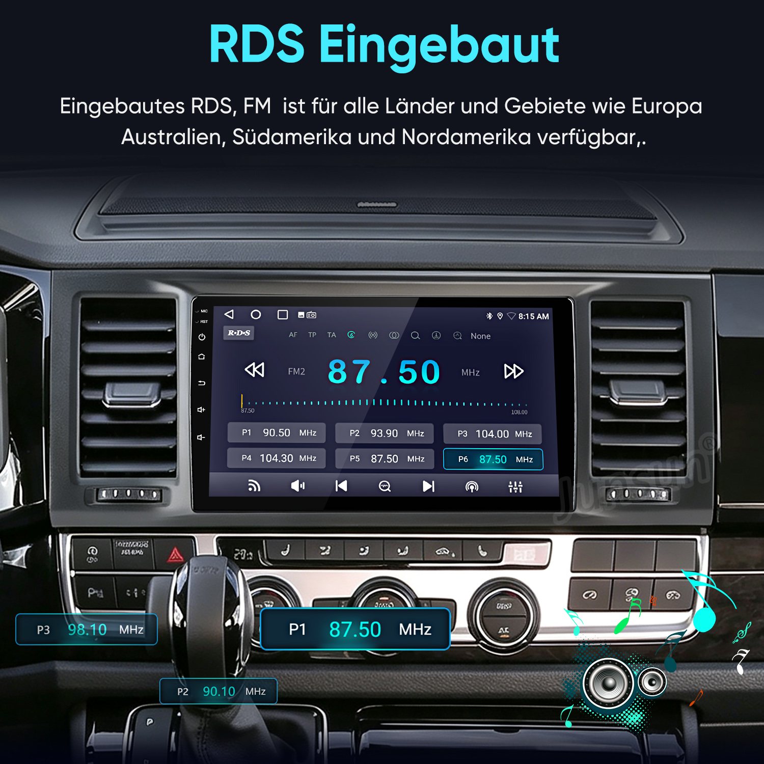 Autoradio-Display im Armaturenbrett zeigt UKW-Frequenz 87,50 MHz und Menüoptionen an.