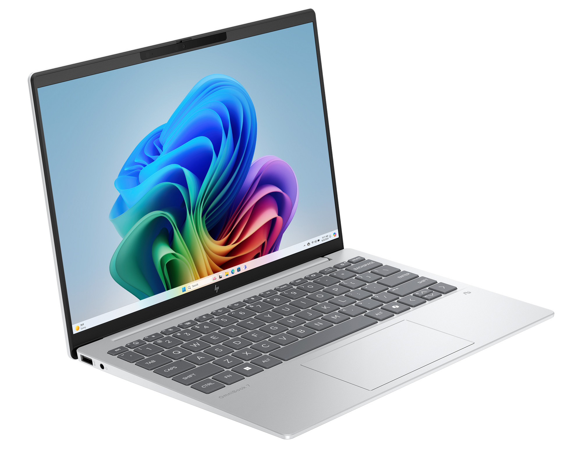 Silberner Laptop im Winkel geöffnet, zeigt ein lebendiges blaues, grünes und rosa abstraktes Hintergrundbild.