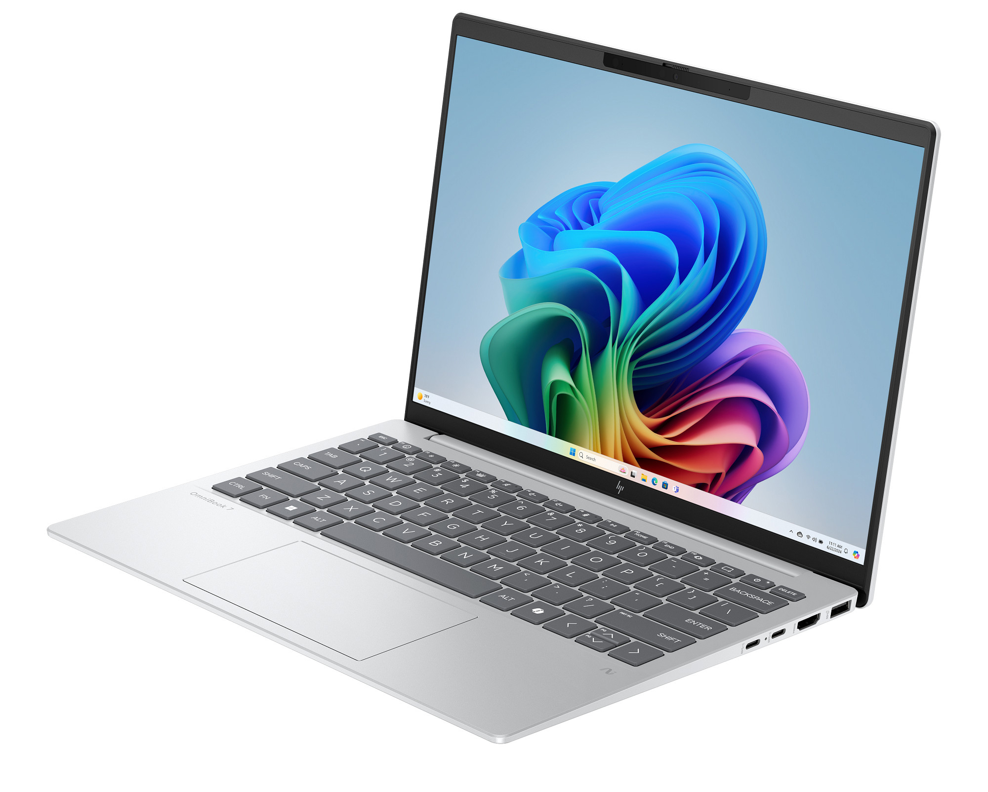 Ein silberner Laptop mit schwarzer Tastatur und einem bunten abstrakten Hintergrundbild auf dem Bildschirm.