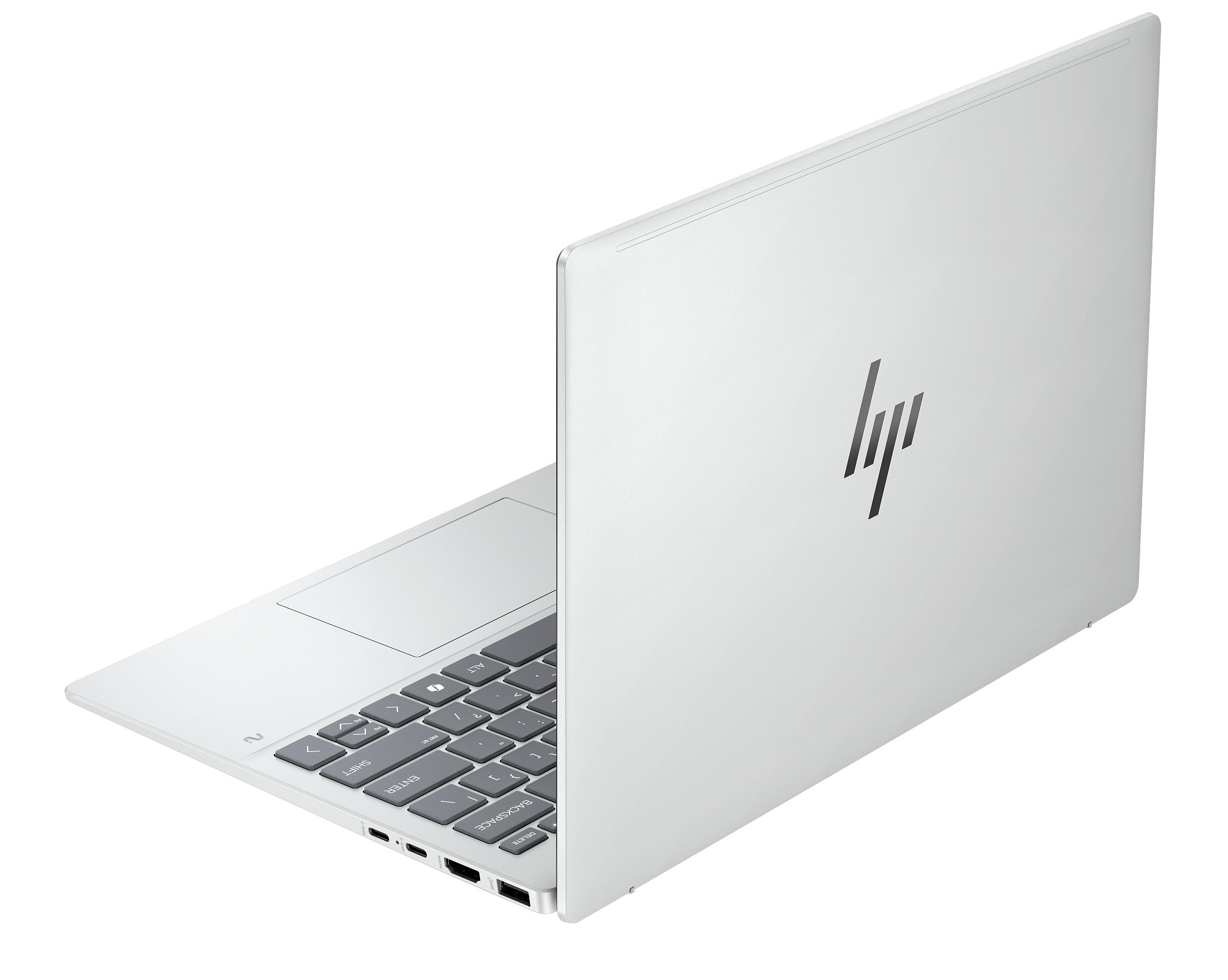 Ein silberner Laptop mit HP-Logo steht offen auf weißem Hintergrund und zeigt Tastatur sowie Anschlüsse.