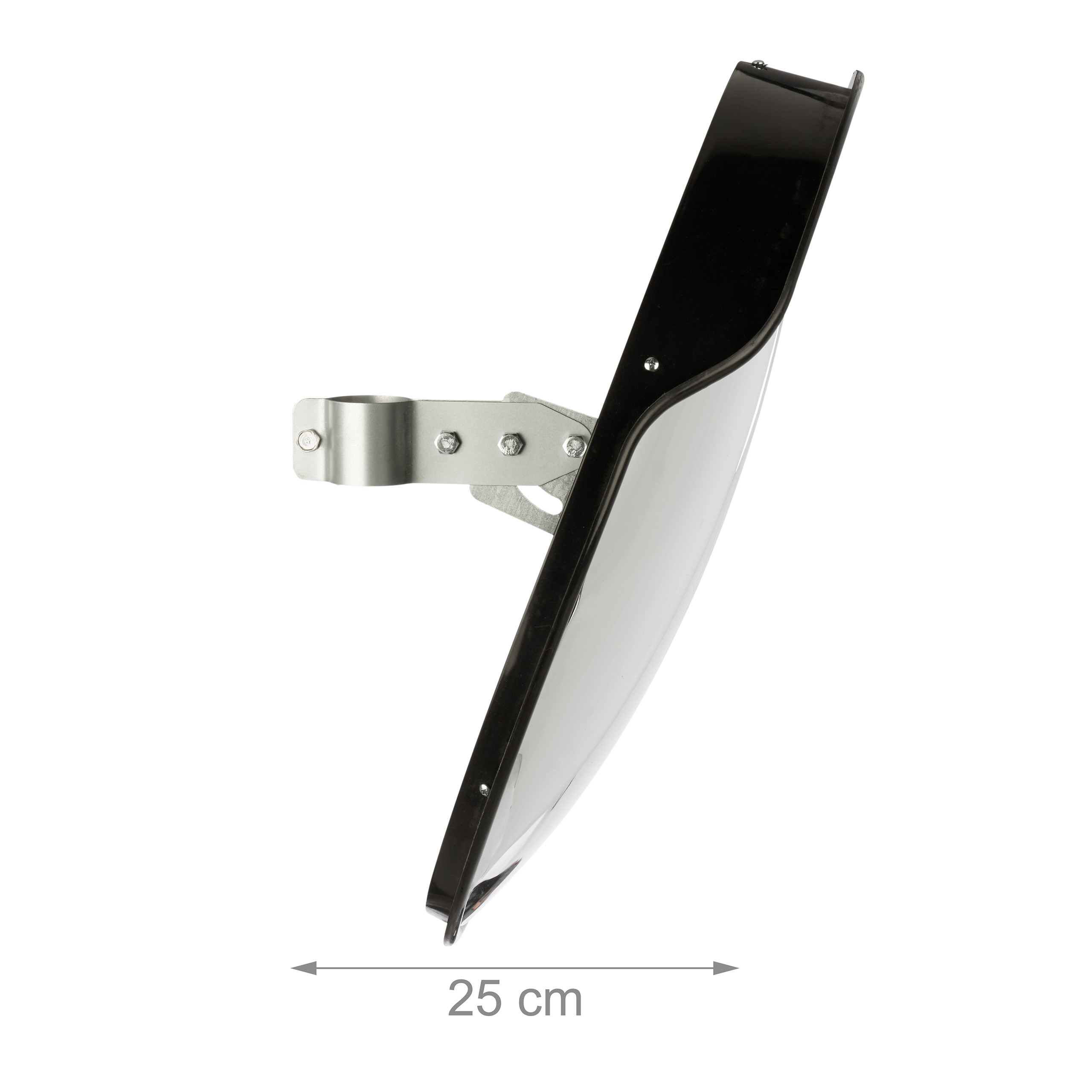 Seitenansicht eines runden Verkehrsspiegels mit schwarzem Rahmen und Metallhalterung, 25 cm.