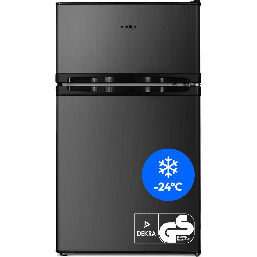 Ein dunkelgrauer Medion Minikühlschrank mit Eisfach, blauem Schneeflocken-Aufkleber und GS-Prüfzeichen.