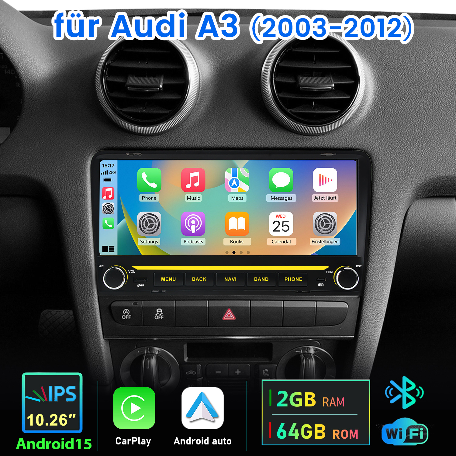 Auto-Infotainment-Touchscreen im Audi A3-Armaturenbrett mit Navigations-, Musik- und Einstellungs-Symbolen.