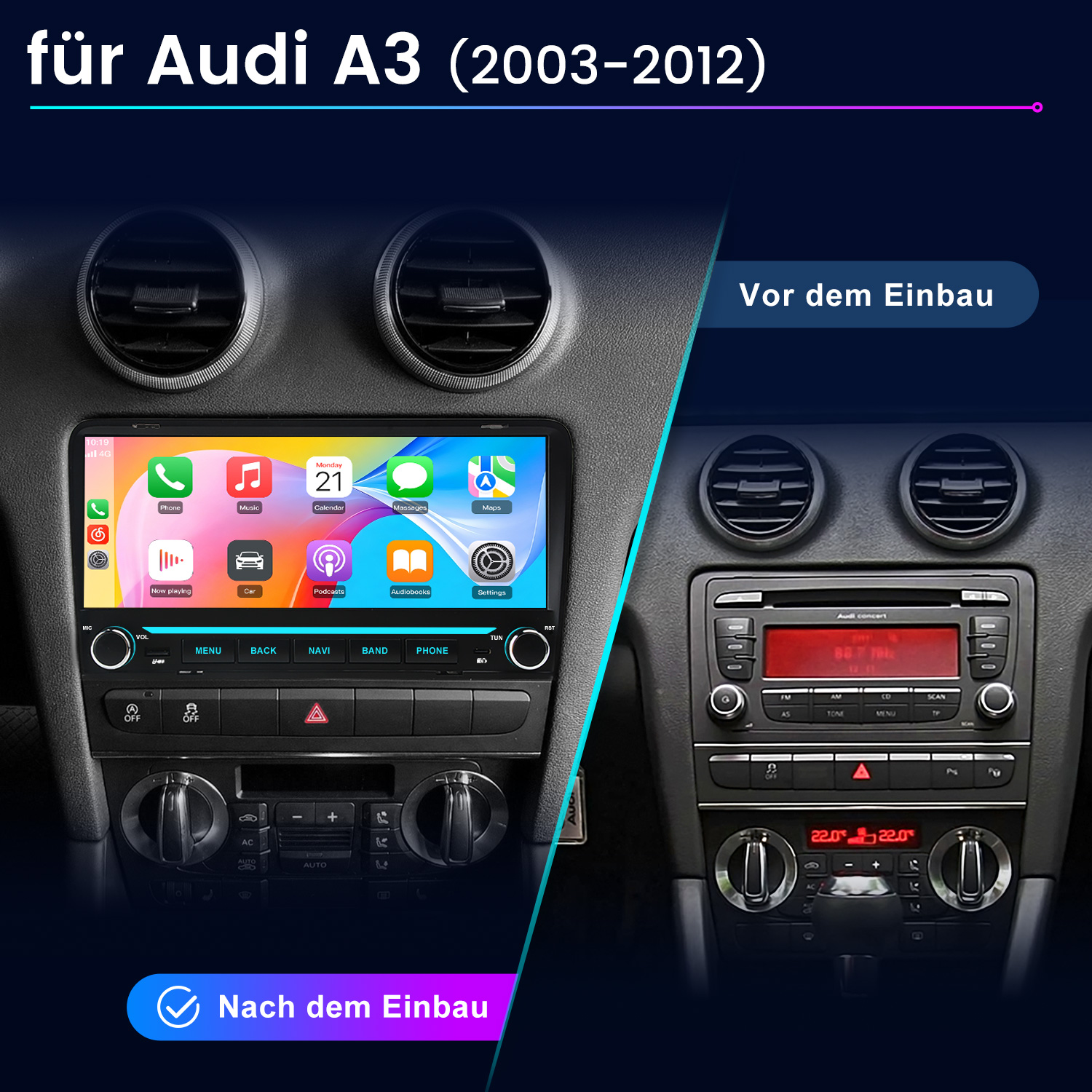 Vergleich Audi A3 Armaturenbrett: neues Touchscreen-Multimediasystem eingebaut versus altes Werksradio.