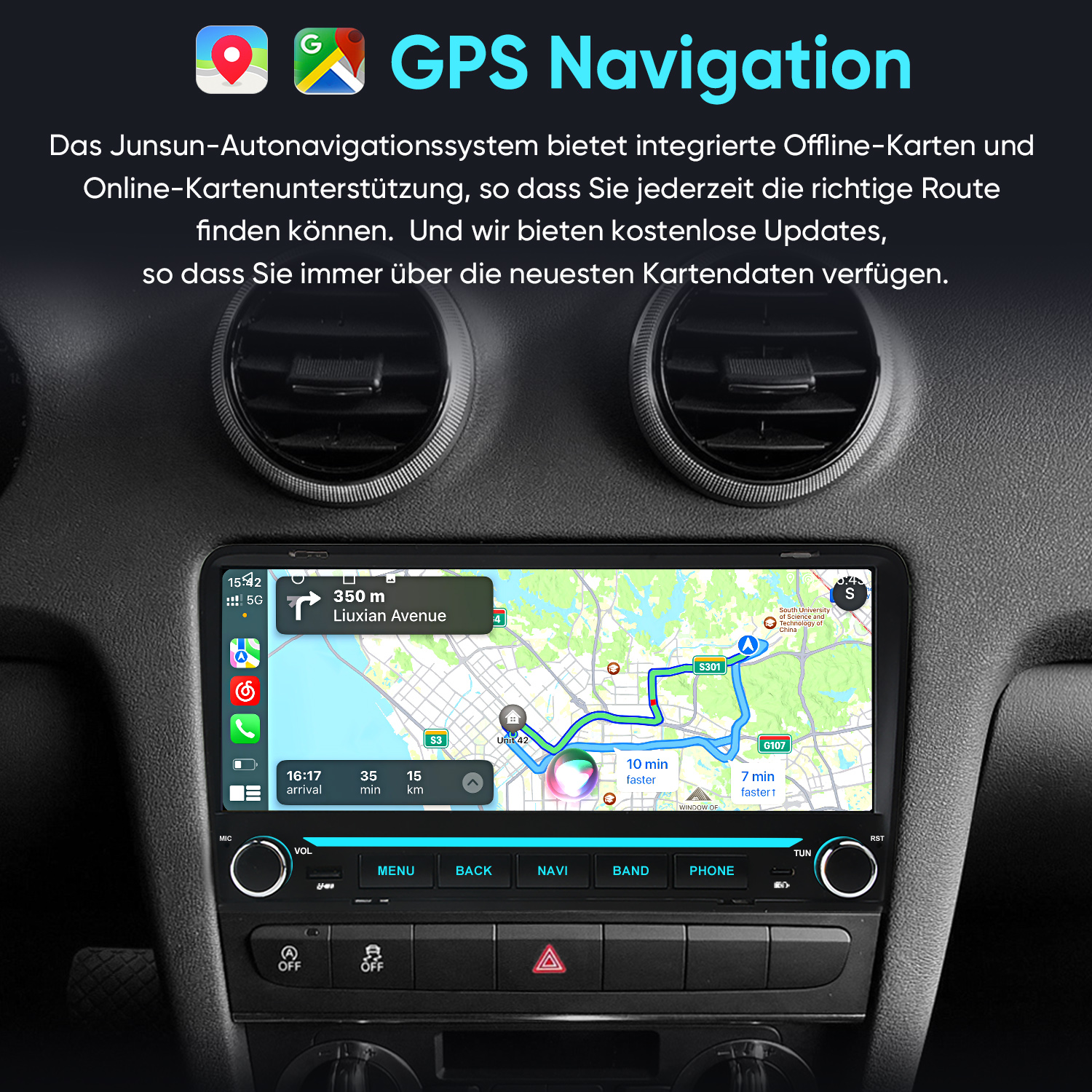 Ein Auto-Navigationsbildschirm im Armaturenbrett zeigt eine GPS-Karte mit Routen und deutscher Beschreibung.