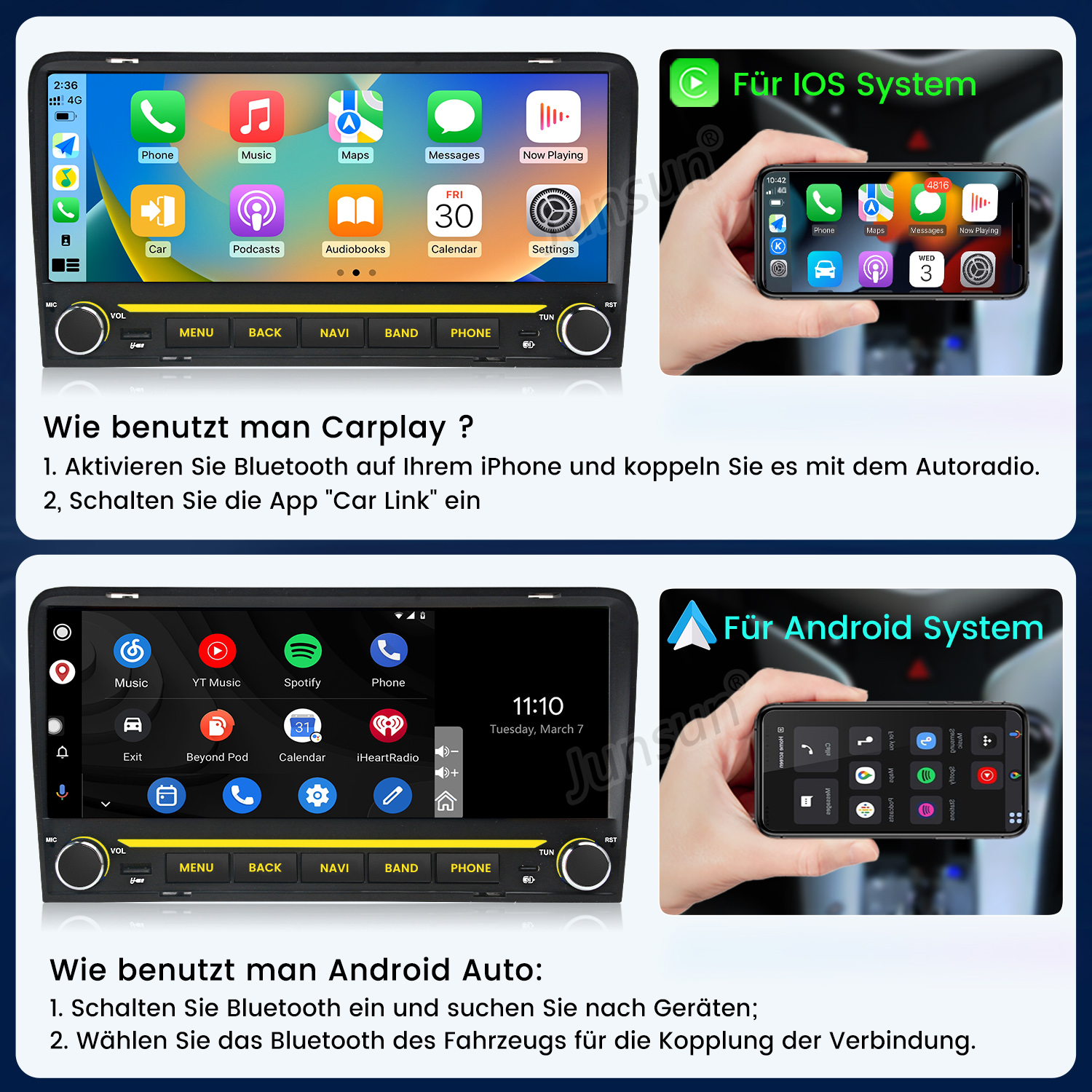 Anleitung zur Nutzung von Carplay und Android Auto auf einem Autoradio-Display.