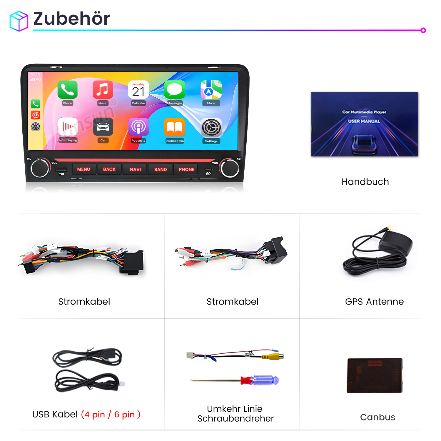 Übersicht von Autozubehör einschließlich Hauptgerät, Handuch, Stromkabel, GPS-Antenne, USB-Kabel, Schraubendreher und Canbus.