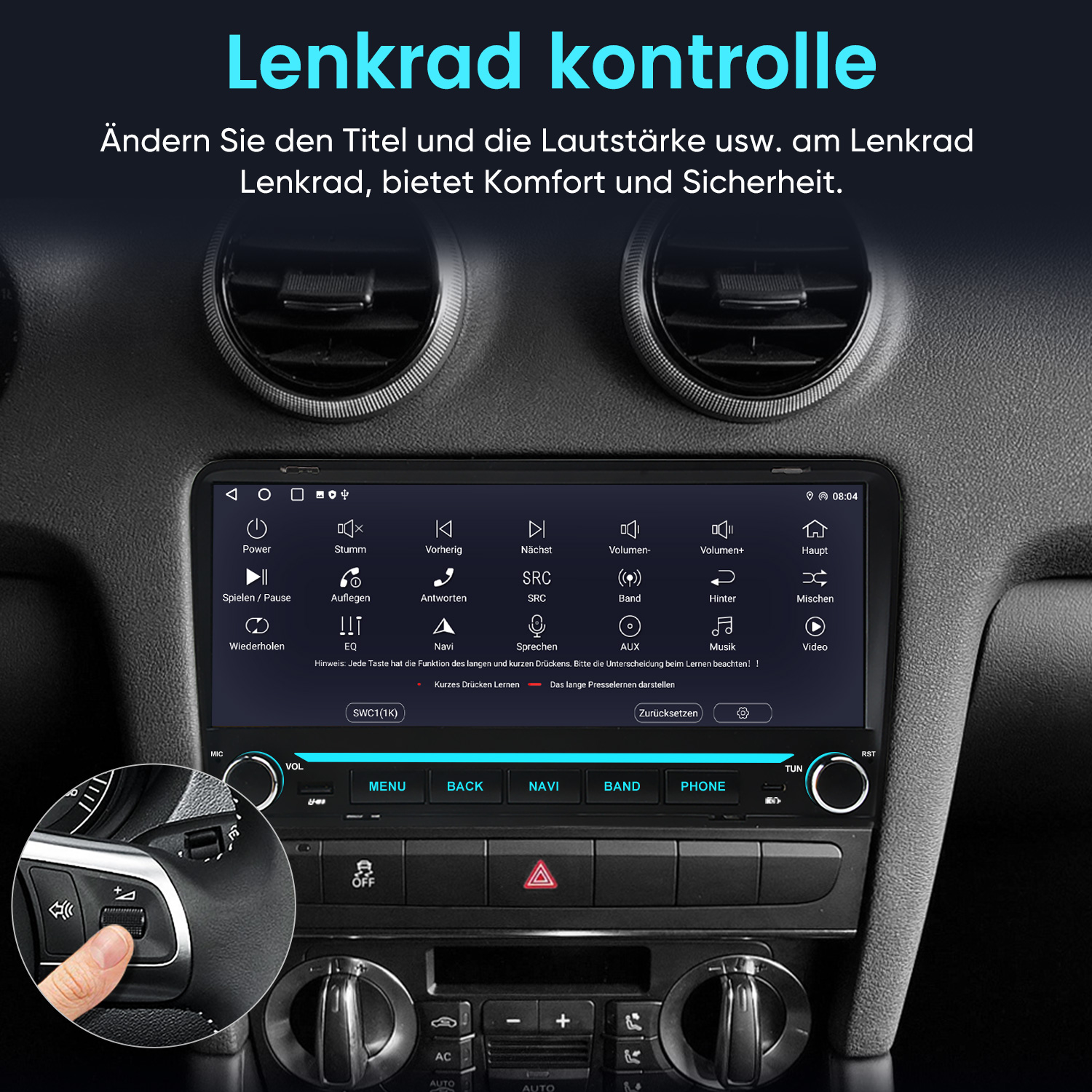 Autoinnenraum mit einem Infotainment-Bildschirm und Lenkradfernbedienung.