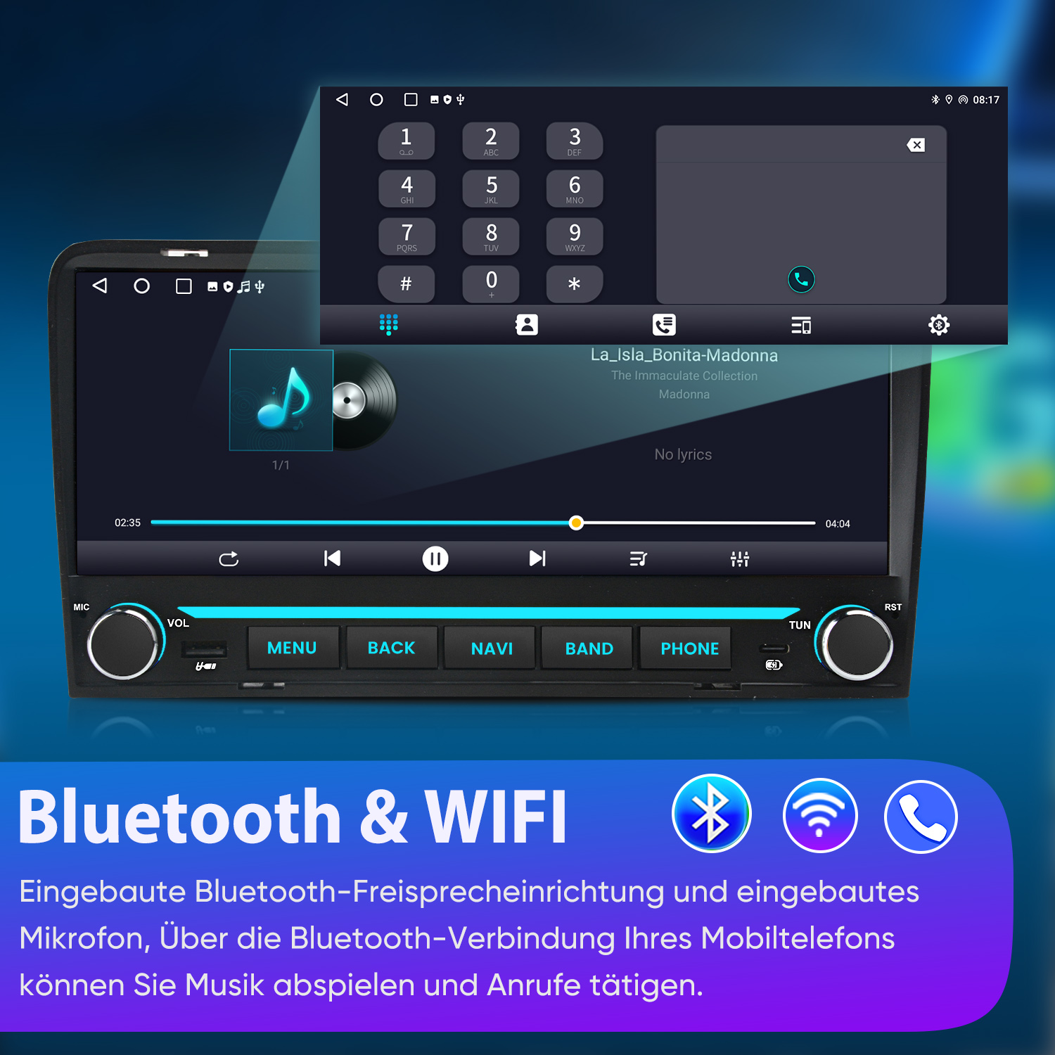 Autoradio-Display mit Musikwiedergabe, Ziffernblock und Bluetooth- und WLAN-Symbolen.
