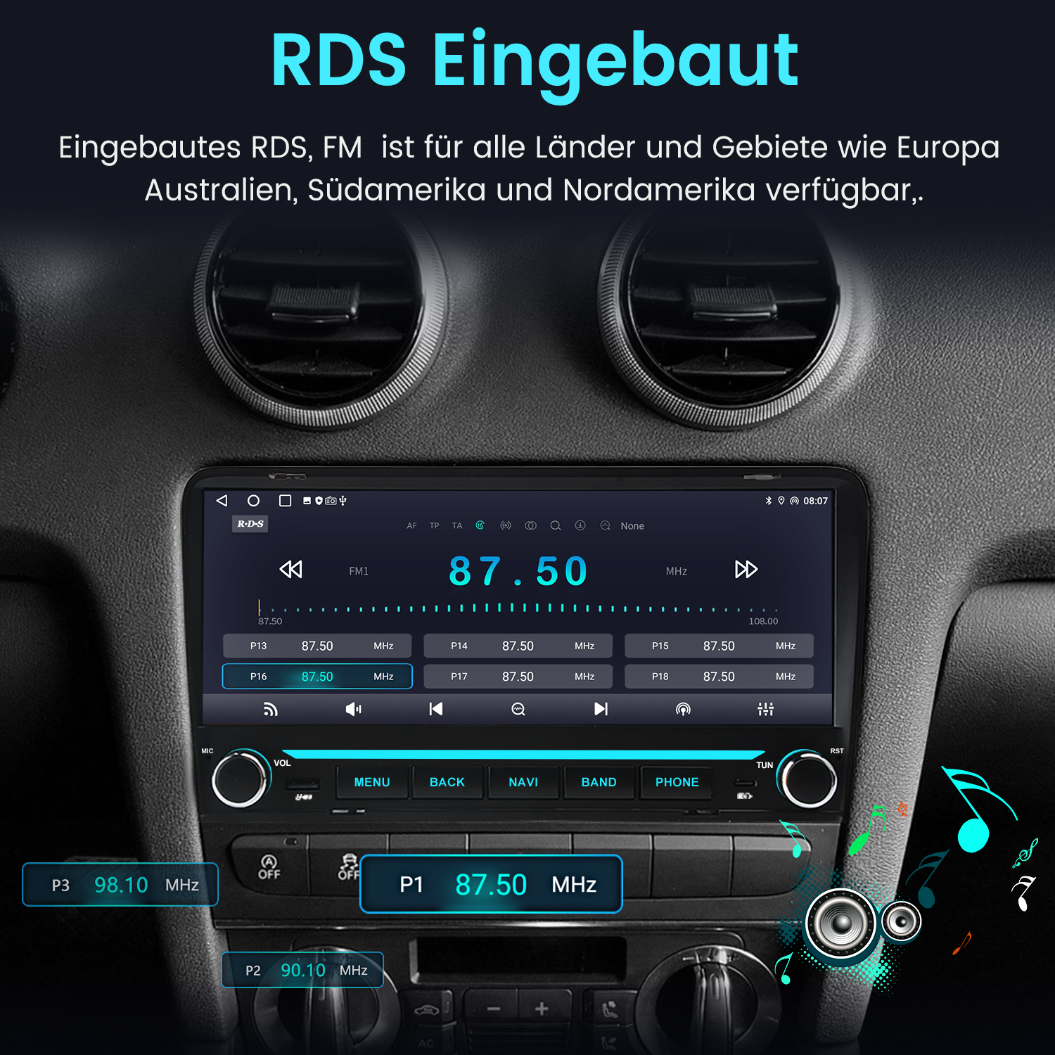 Ein Auto-Armaturenbrett mit digitalem Radio-Display, das die FM-Frequenz 87,50 MHz mit RDS und Noten anzeigt.