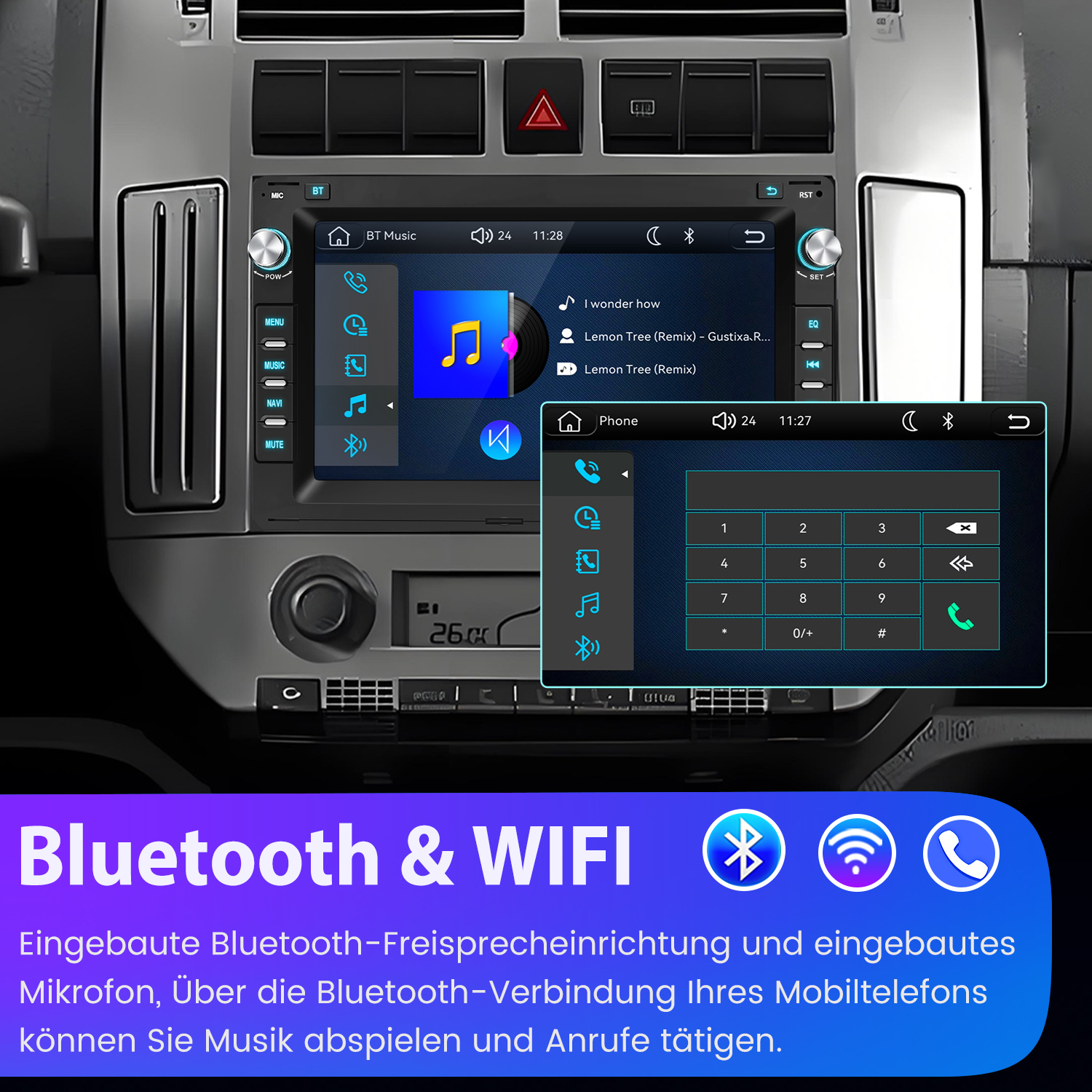 Autoradio mit Touchscreen, Bluetooth- und WLAN-Funktion sowie Tasten und Lüftungsschlitzen.