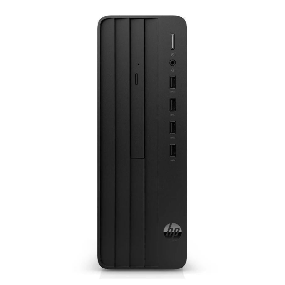 Vista frontale di un tower per computer desktop HP nero con porte USB e logo su sfondo bianco.